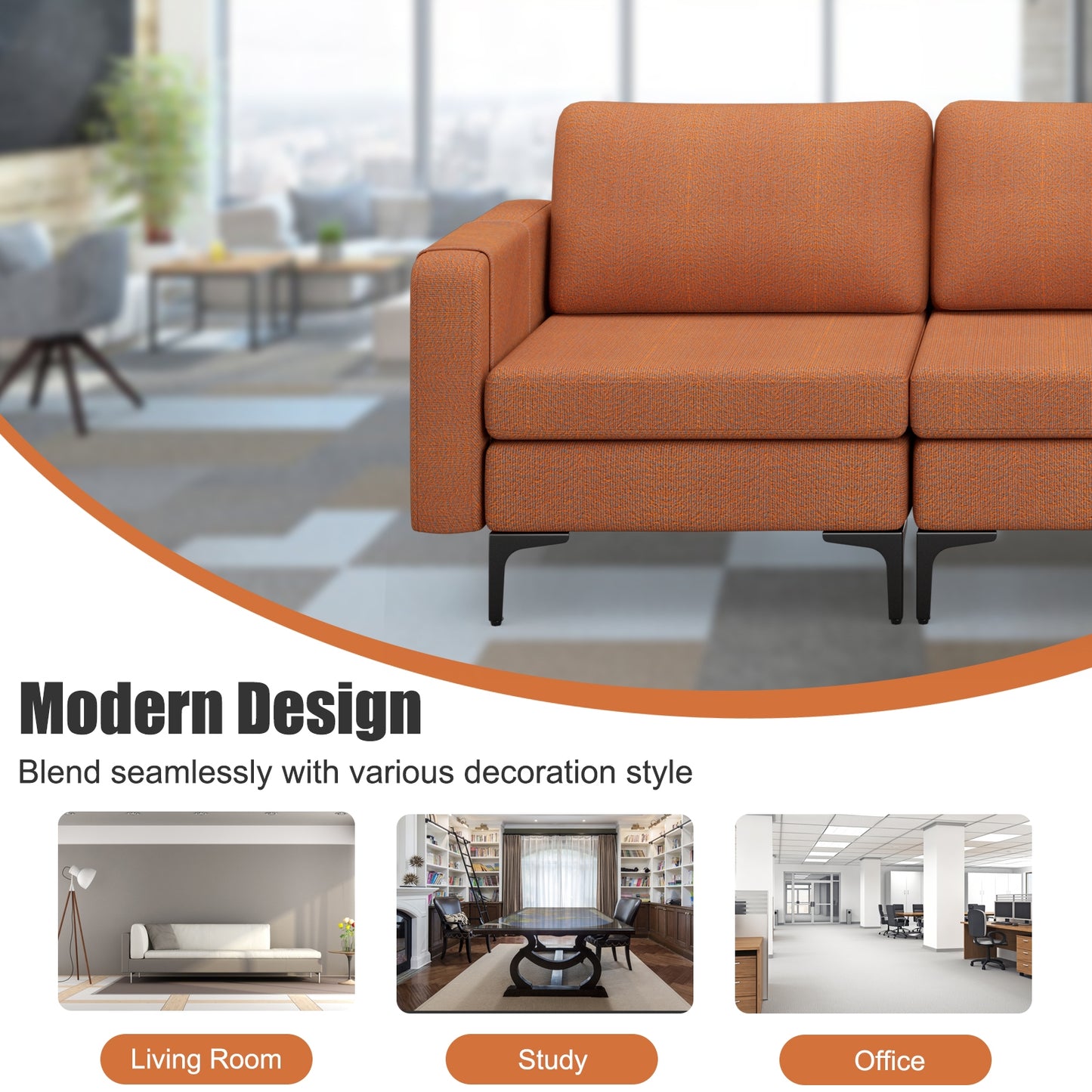 3 Seat Convertible Sofa with Built-in USB Ports and Side Pockets for Storage - Orange