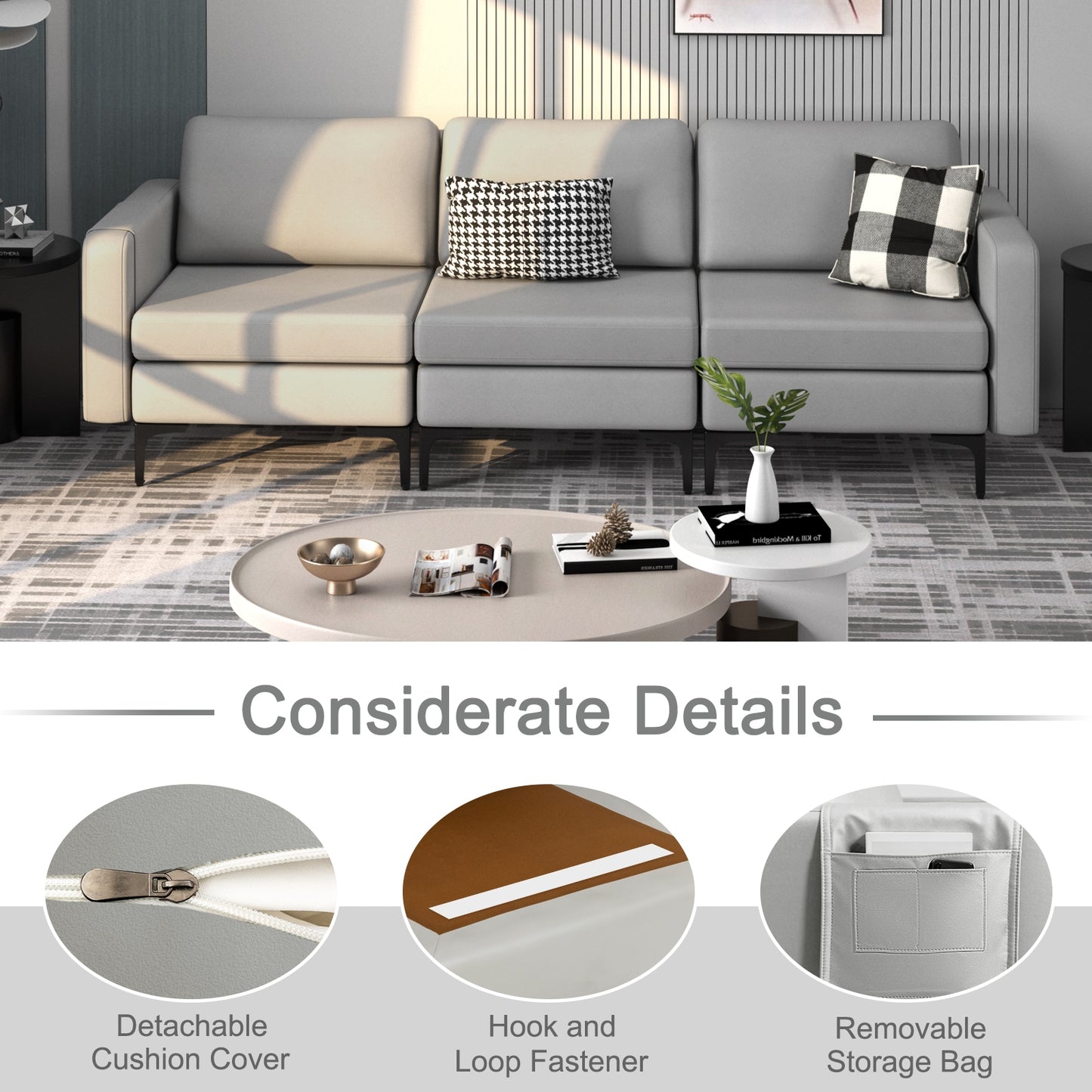 3 Seat Convertible Sofa with Built-in USB Ports and Side Pockets for Storage - Light Grey