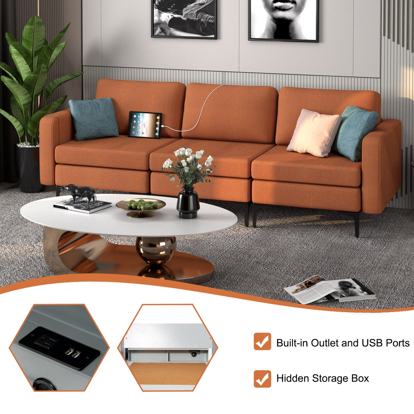 3 Seat Convertible Sofa with Built-in USB Ports and Side Pockets for Storage - Orange
