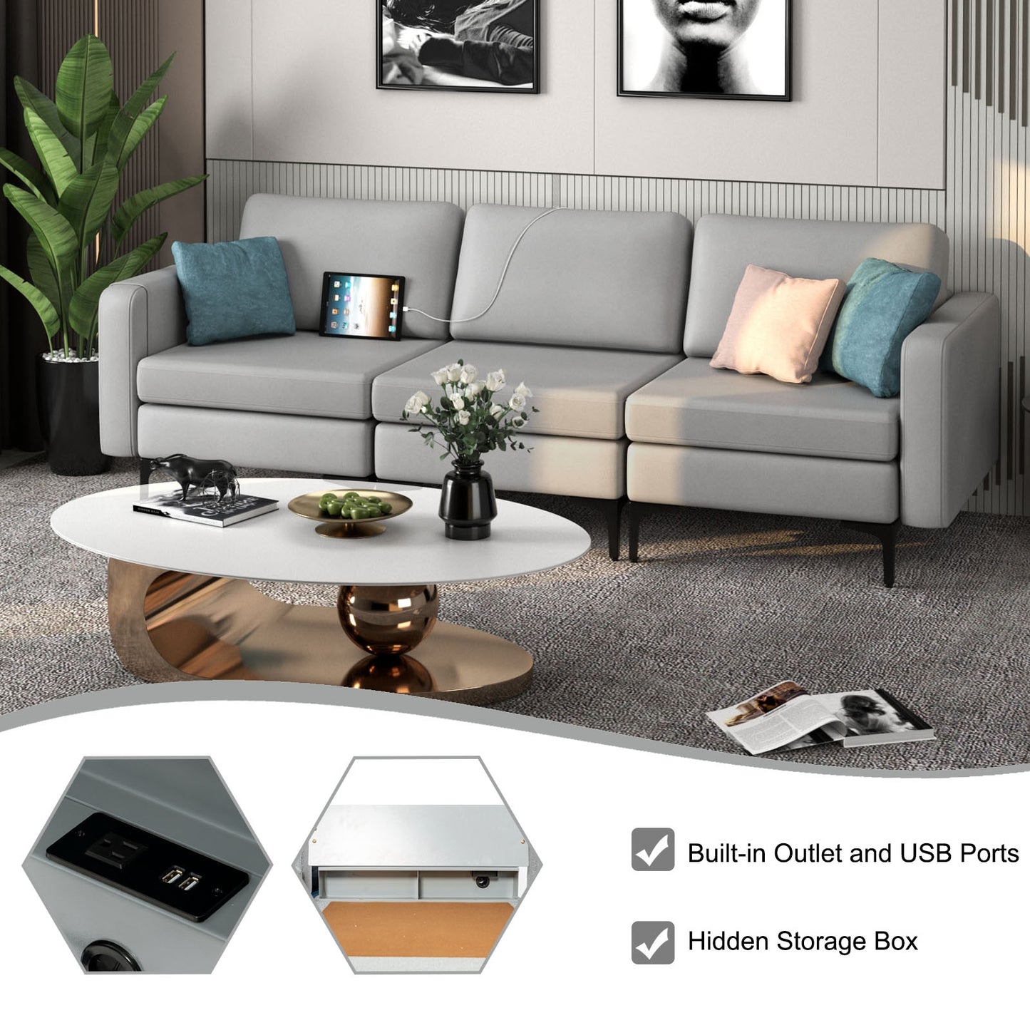 3 Seat Convertible Sofa with Built-in USB Ports and Side Pockets for Storage - Light Grey