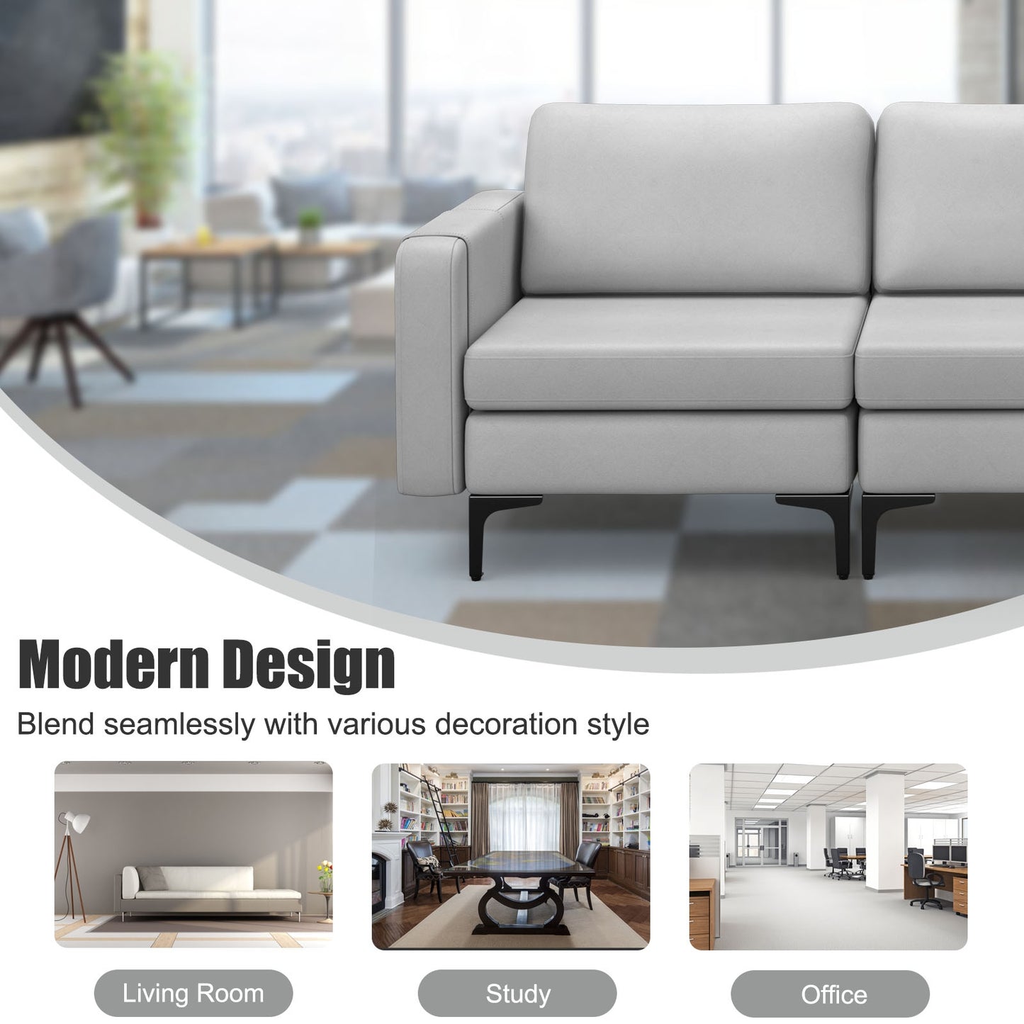 3 Seat Convertible Sofa with Built-in USB Ports and Side Pockets for Storage - Light Grey