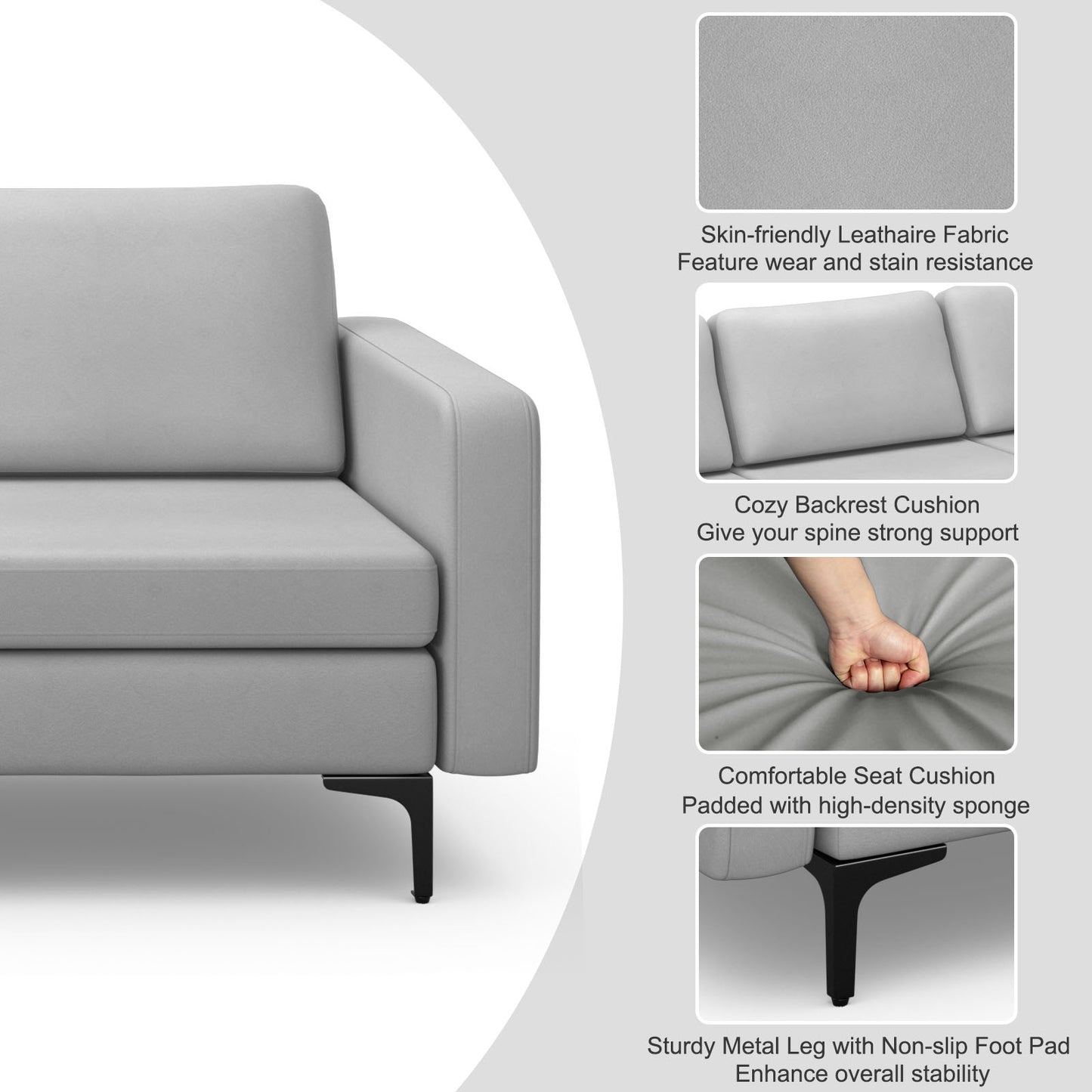 3 Seat Convertible Sofa with Built-in USB Ports and Side Pockets for Storage - Light Grey