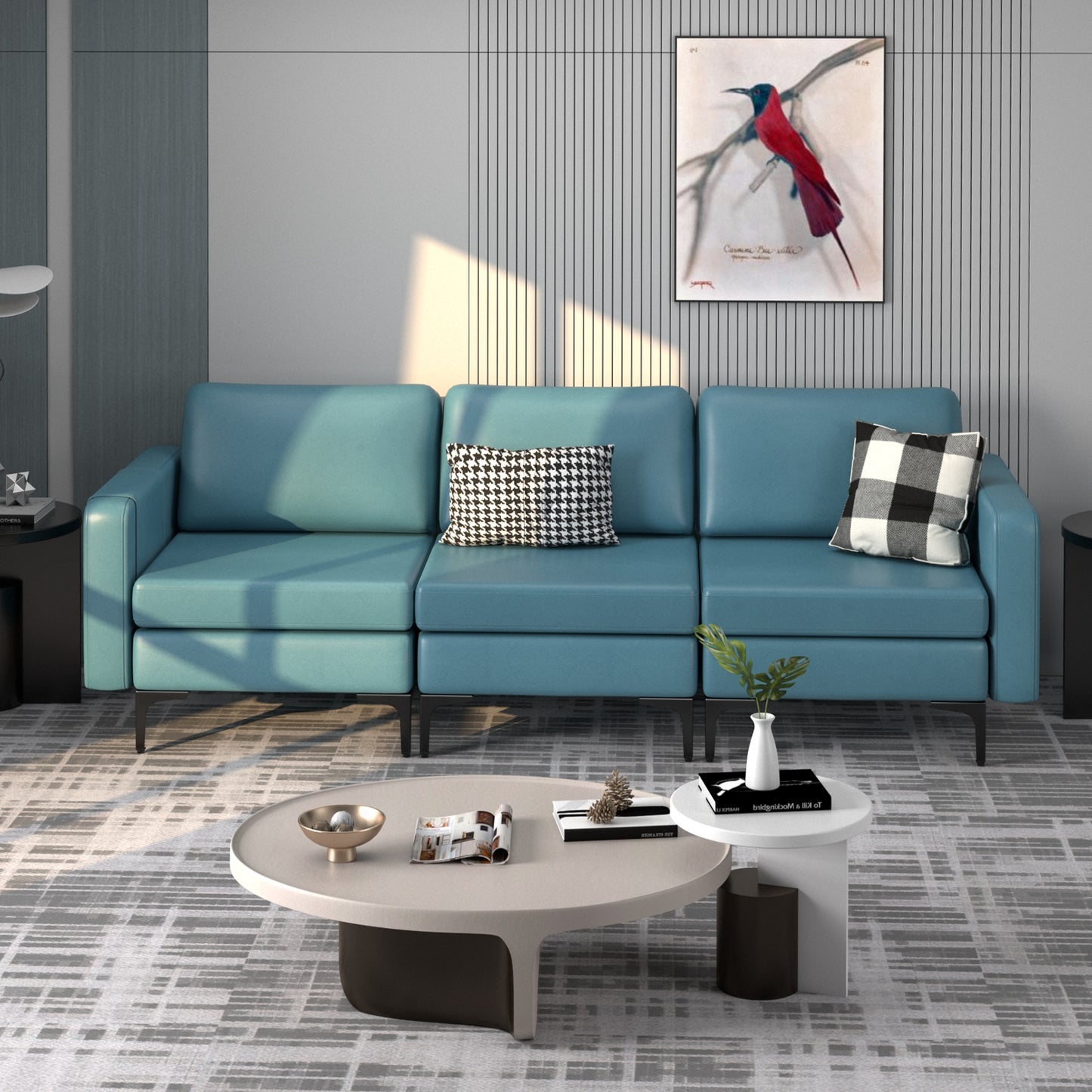 3 Seat Convertible Sofa with Built-in USB Ports and Side Pockets for Storage - Blue