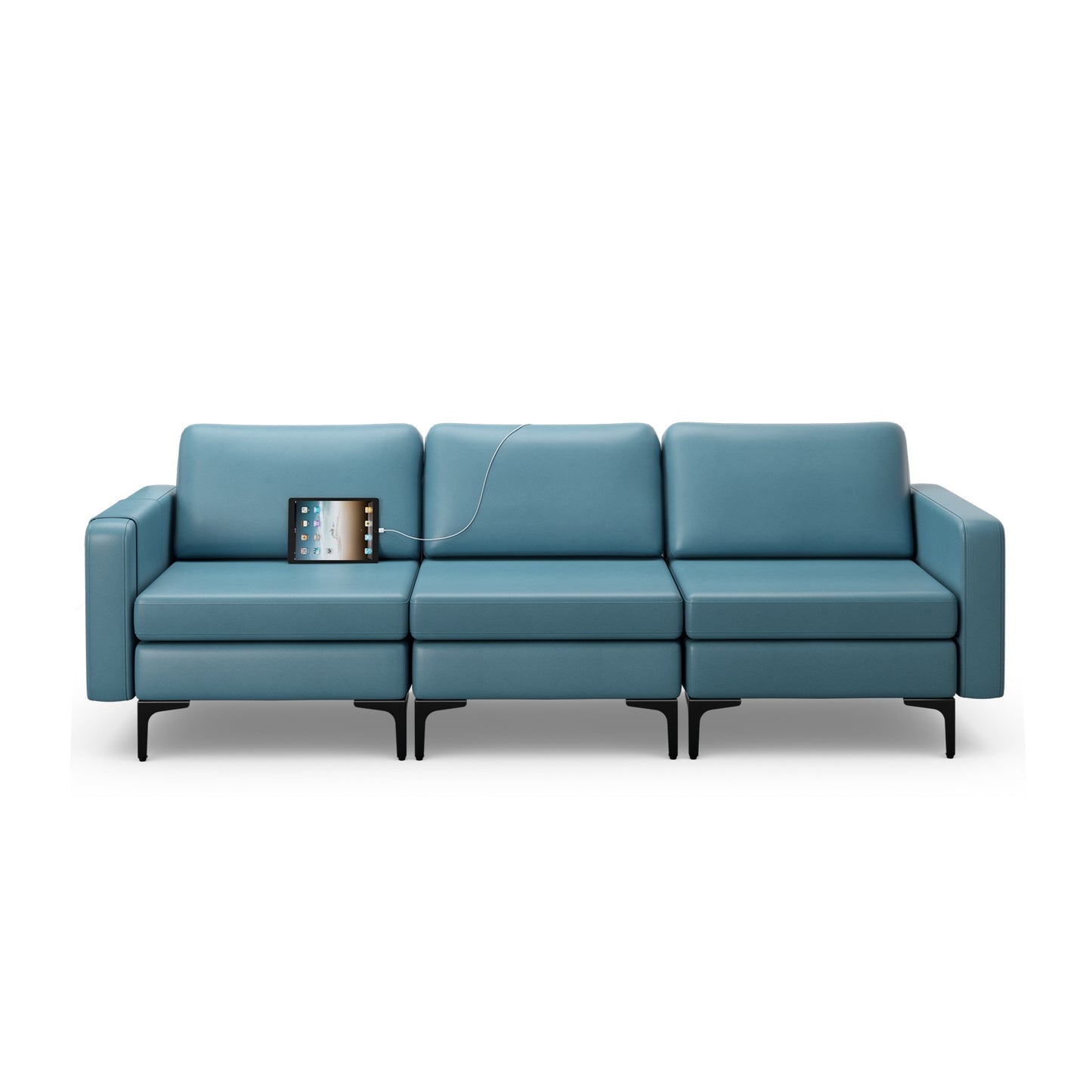 3 Seat Convertible Sofa with Built-in USB Ports and Side Pockets for Storage - Blue