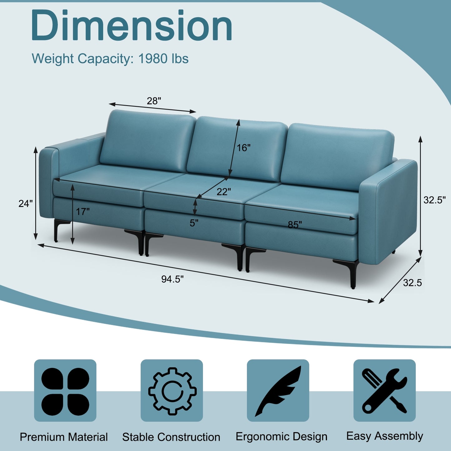 3 Seat Convertible Sofa with Built-in USB Ports and Side Pockets for Storage - Blue