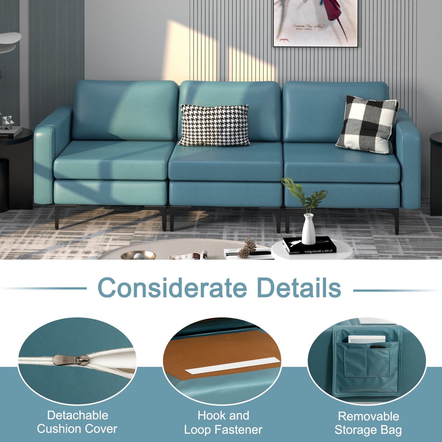 3 Seat Convertible Sofa with Built-in USB Ports and Side Pockets for Storage - Blue