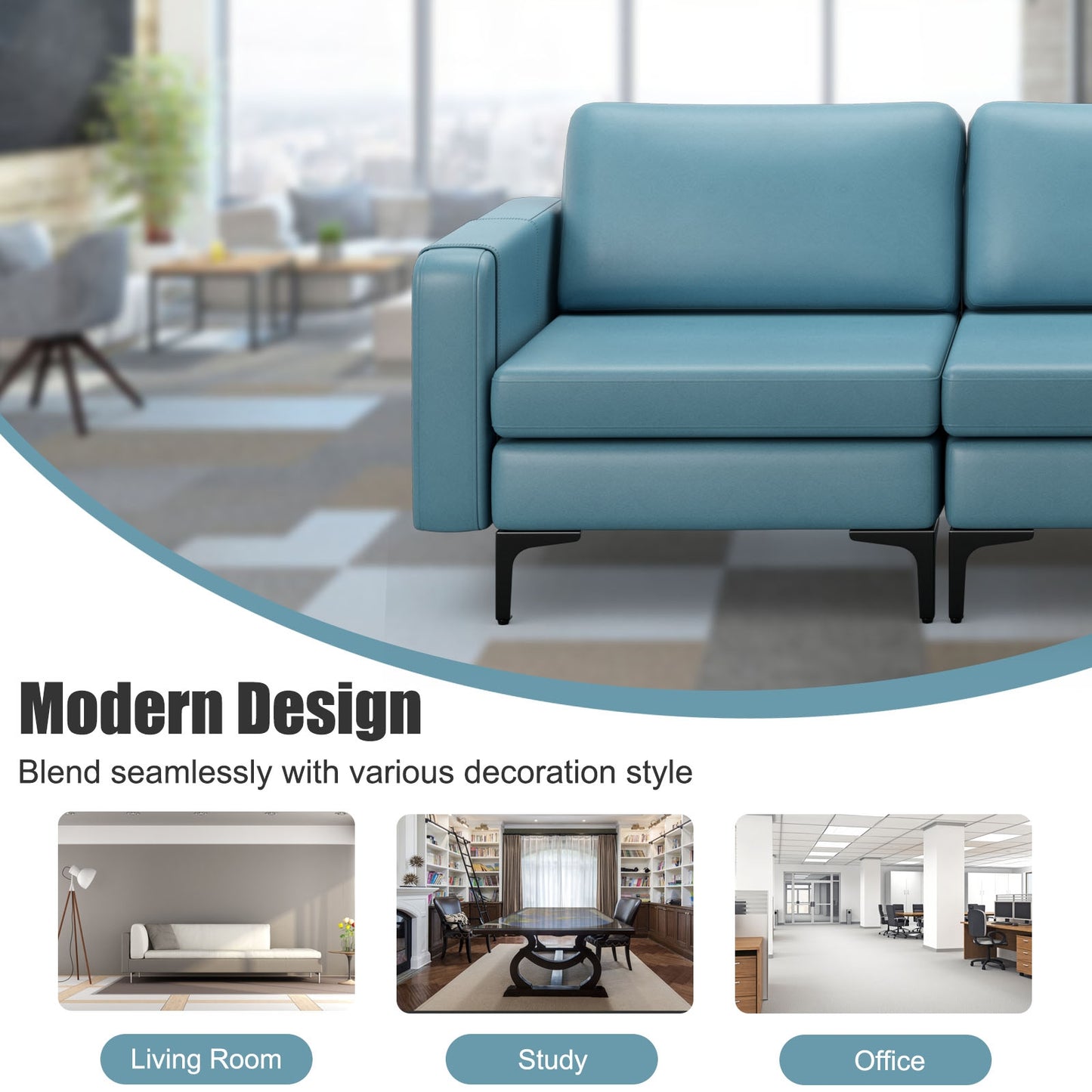 3 Seat Convertible Sofa with Built-in USB Ports and Side Pockets for Storage - Blue