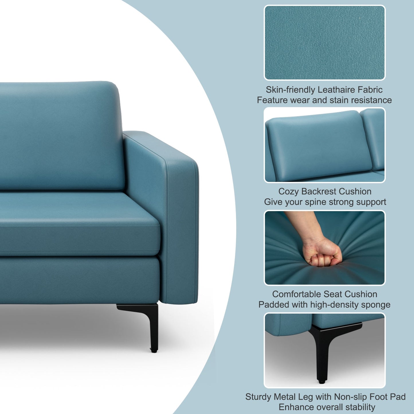3 Seat Convertible Sofa with Built-in USB Ports and Side Pockets for Storage - Blue