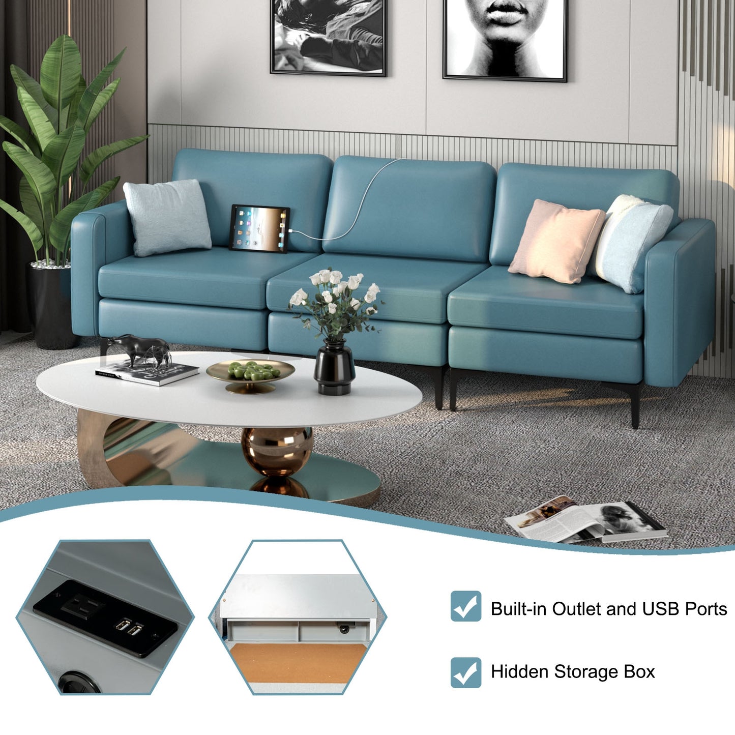 3 Seat Convertible Sofa with Built-in USB Ports and Side Pockets for Storage - Blue