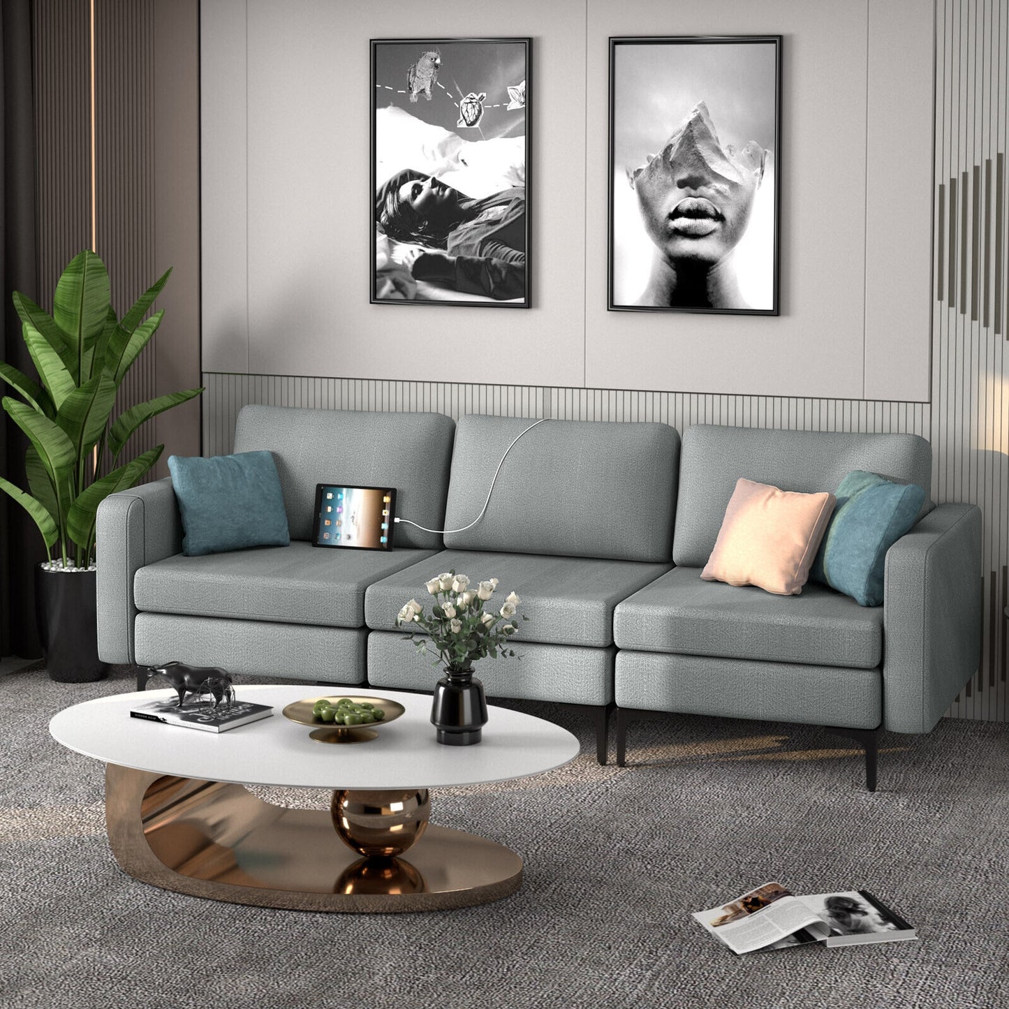 3 Seat Convertible Sofa with Built-in USB Ports and Side Pockets for Storage - Dark Grey