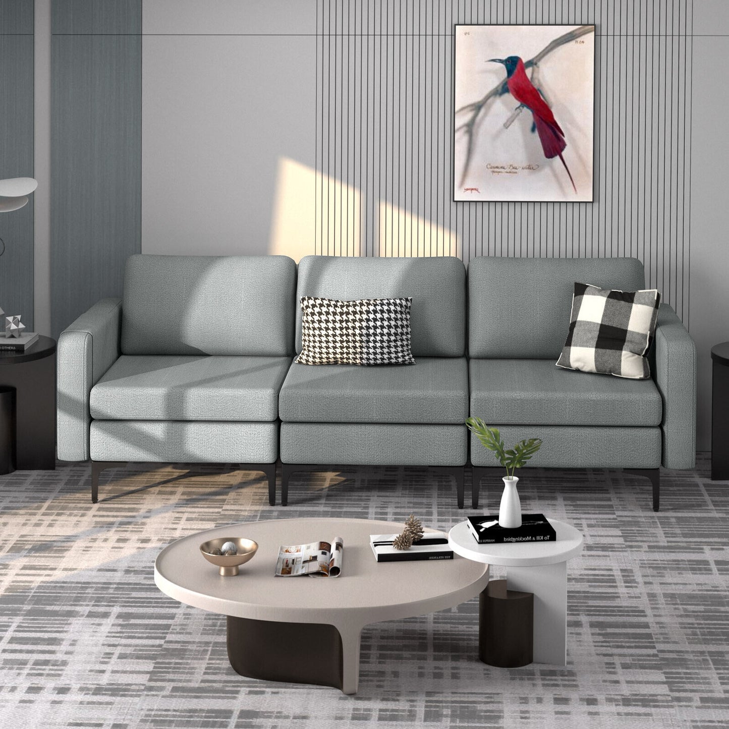 3 Seat Convertible Sofa with Built-in USB Ports and Side Pockets for Storage - Dark Grey
