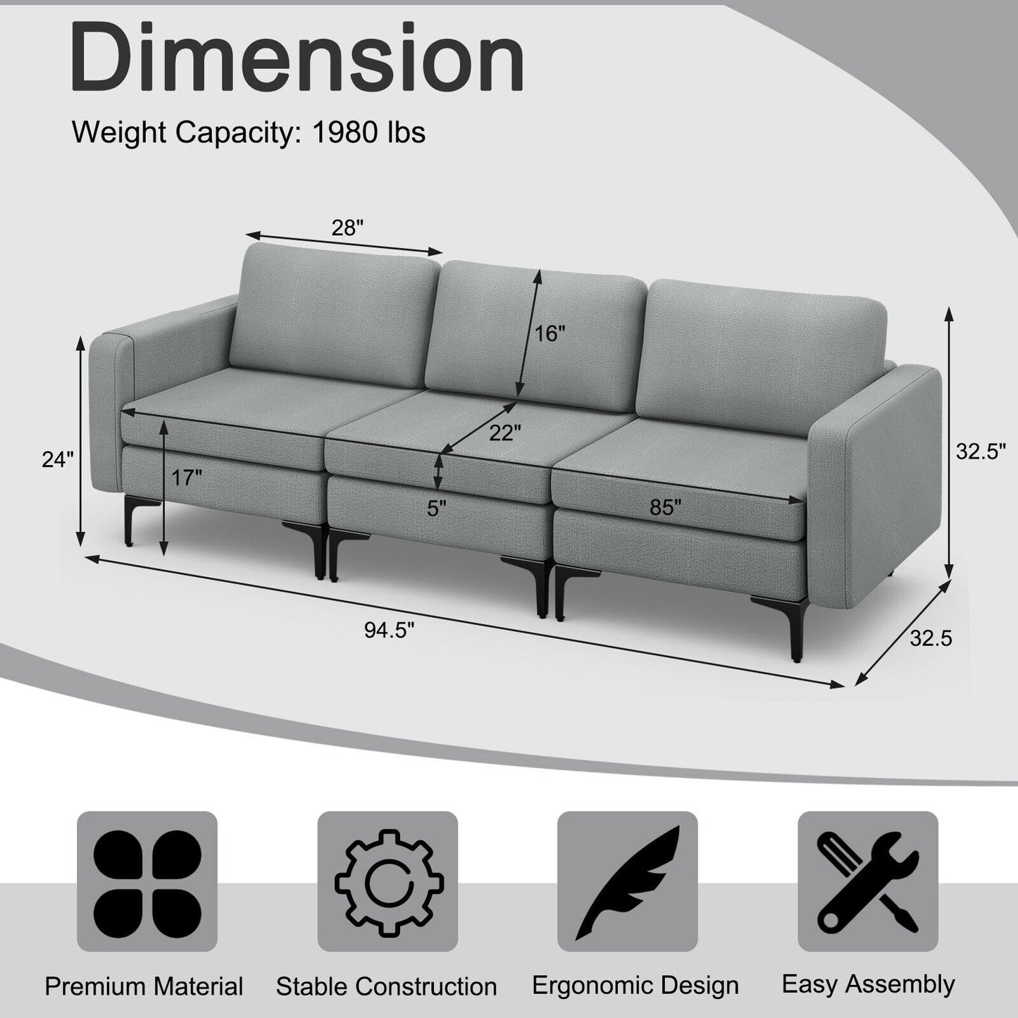 3 Seat Convertible Sofa with Built-in USB Ports and Side Pockets for Storage - Dark Grey