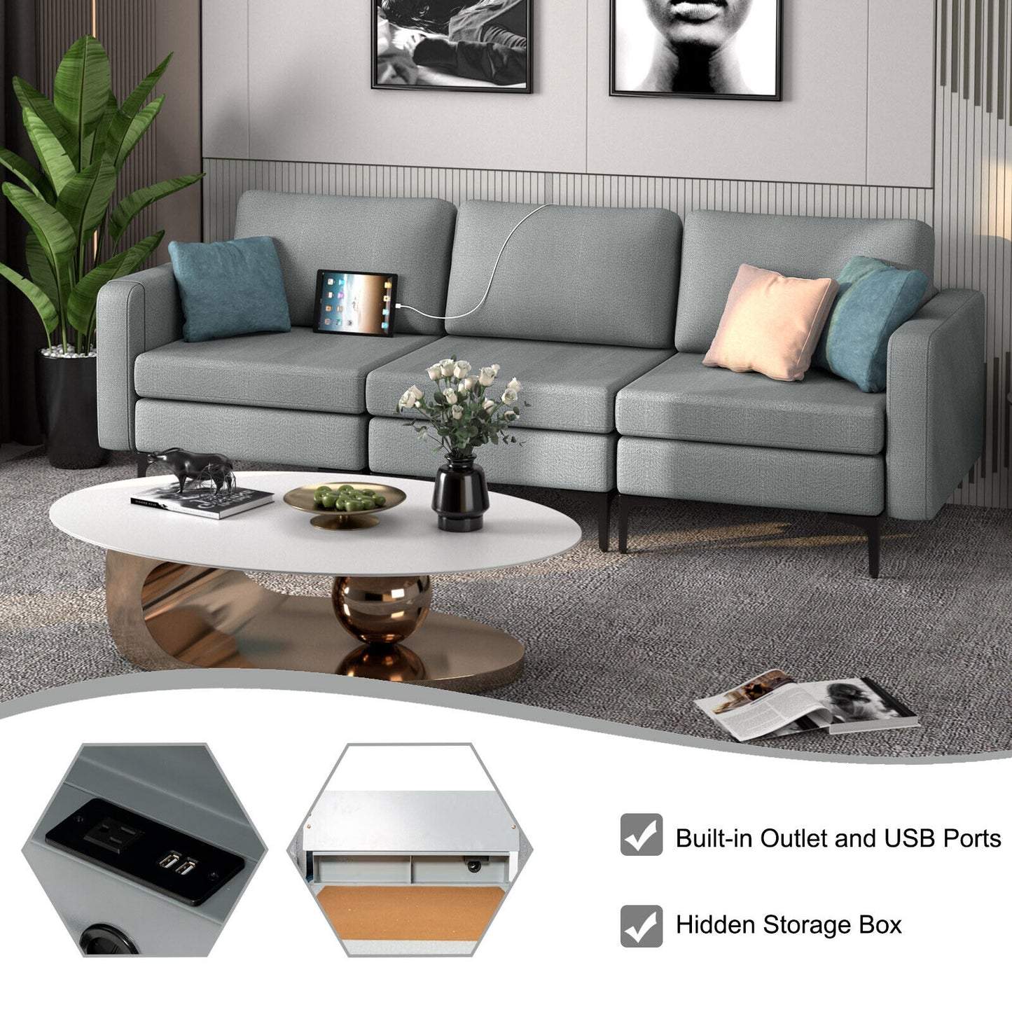 3 Seat Convertible Sofa with Built-in USB Ports and Side Pockets for Storage - Dark Grey