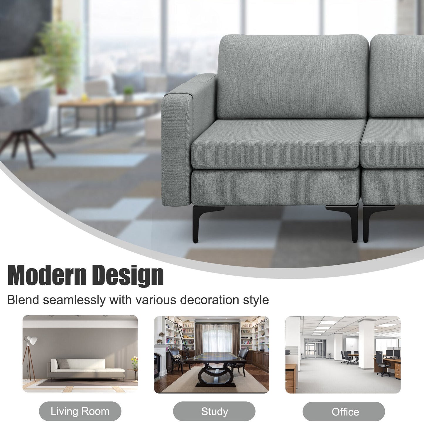3 Seat Convertible Sofa with Built-in USB Ports and Side Pockets for Storage - Dark Grey