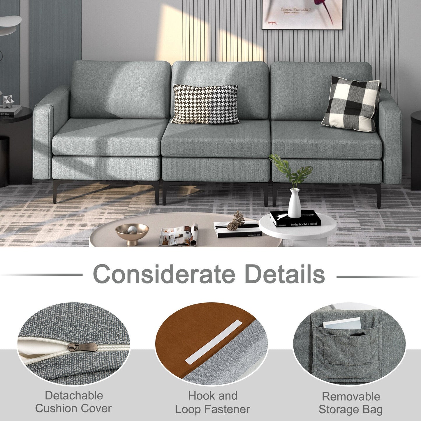 3 Seat Convertible Sofa with Built-in USB Ports and Side Pockets for Storage - Dark Grey