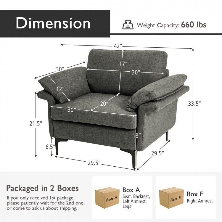 Modern Fabric Accent Chair with Cushioned Armrests and Spring Support - Grey