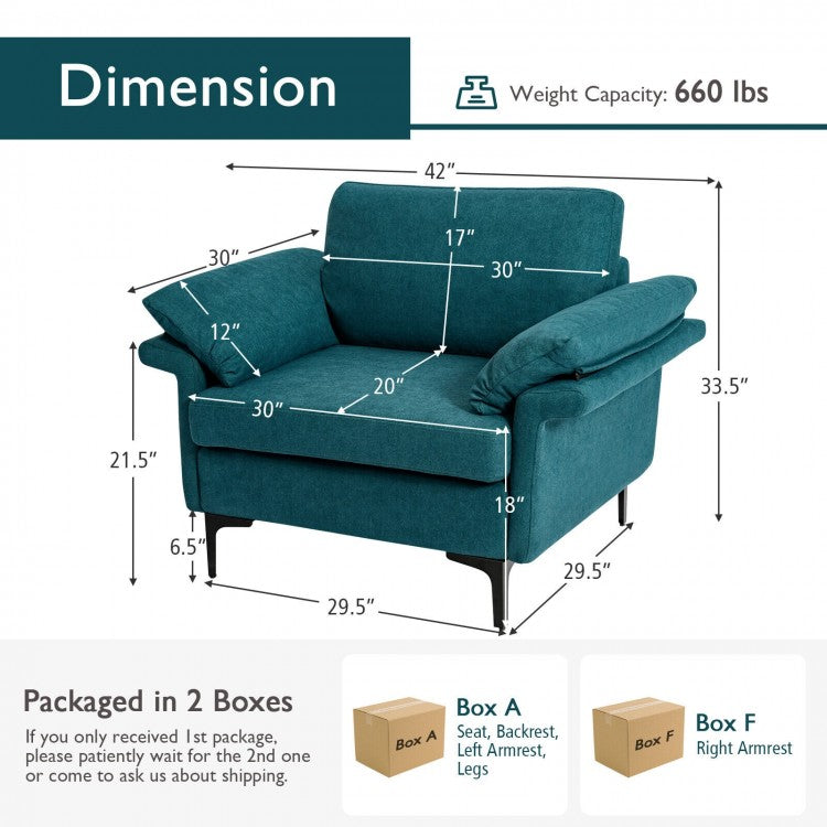 Modern Fabric Accent Chair with Cushioned Armrests and Spring Support - Peacock Blue