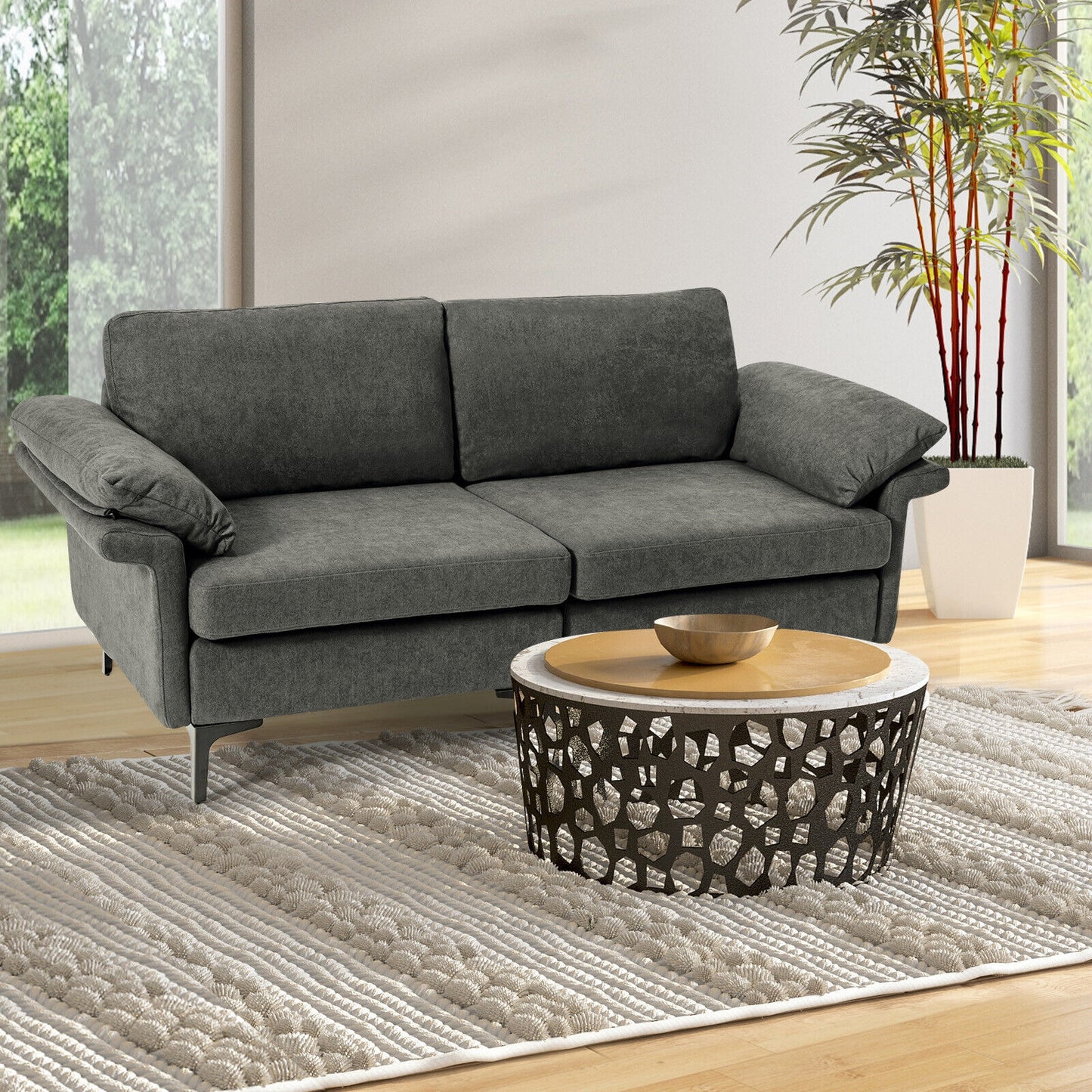 Fabric Loveseat Sofa with Supportive Cushions and Sleek Metal Legs - Grey