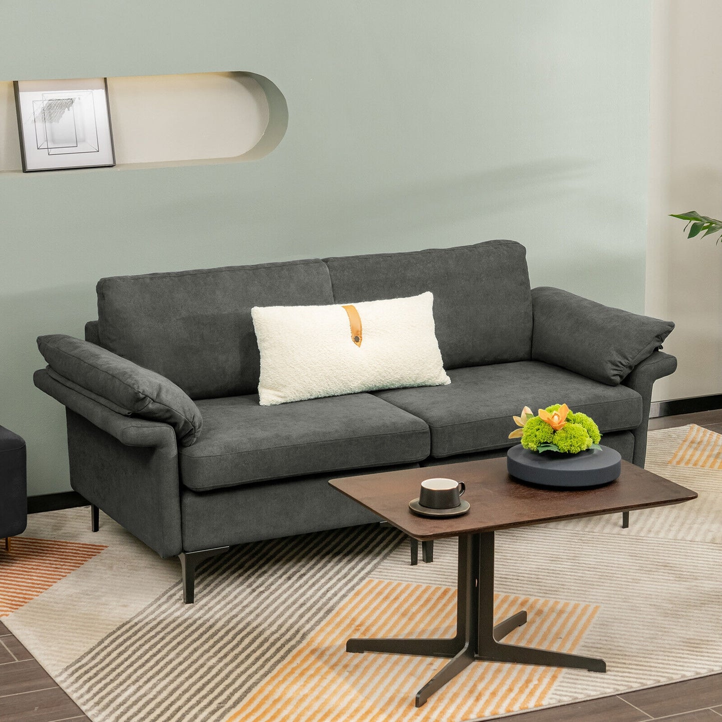 Fabric Loveseat Sofa with Supportive Cushions and Sleek Metal Legs - Grey