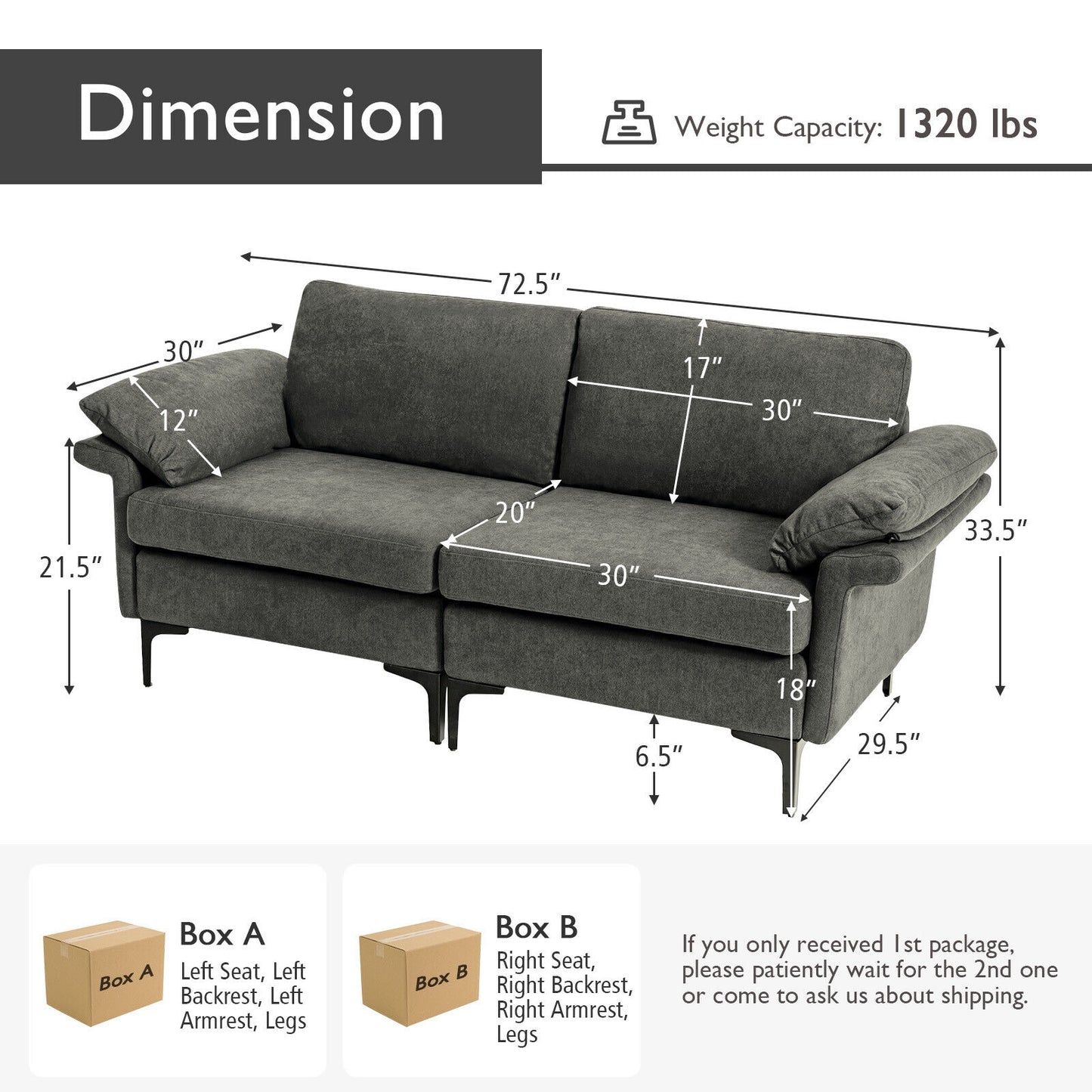 Fabric Loveseat Sofa with Supportive Cushions and Sleek Metal Legs - Grey