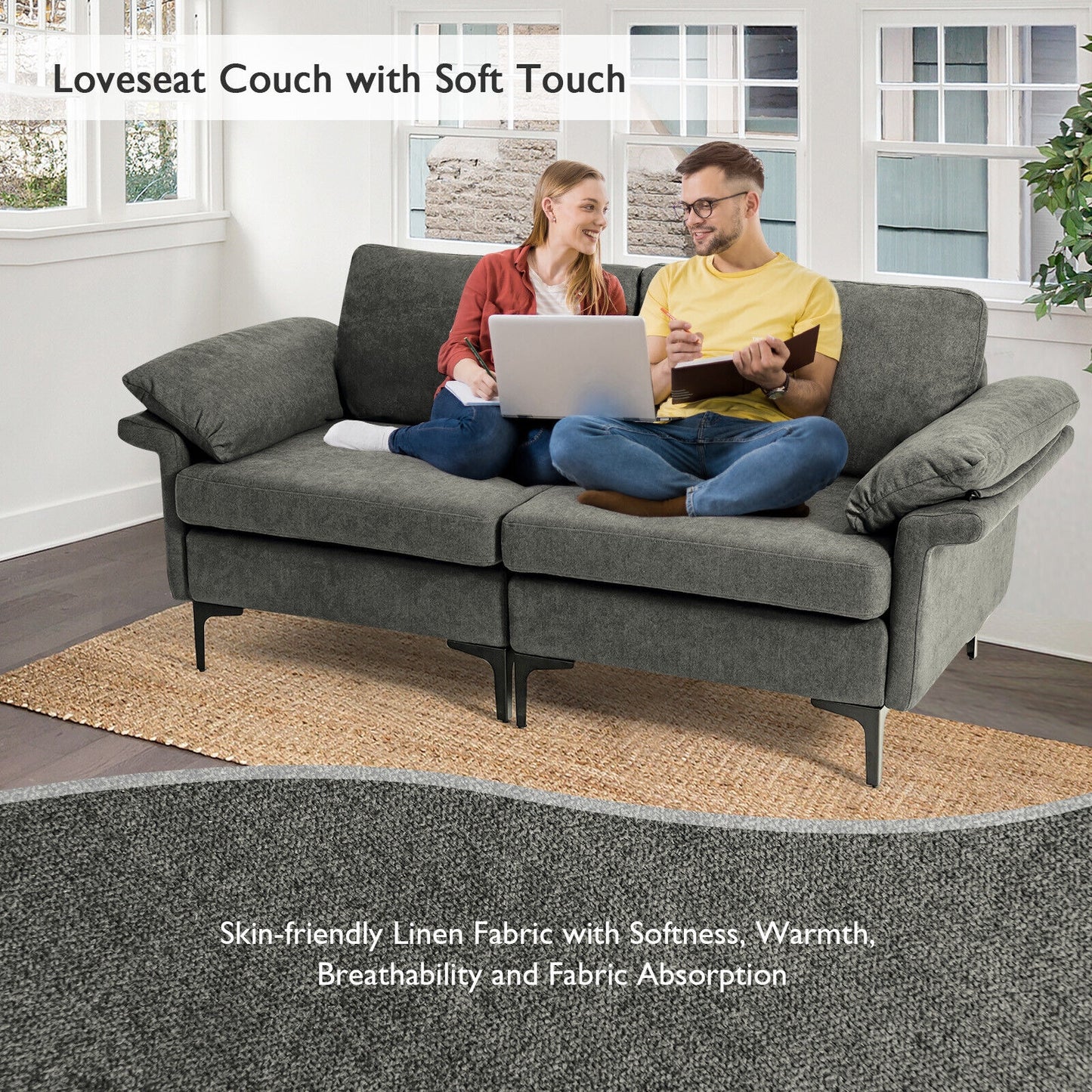 Fabric Loveseat Sofa with Supportive Cushions and Sleek Metal Legs - Grey