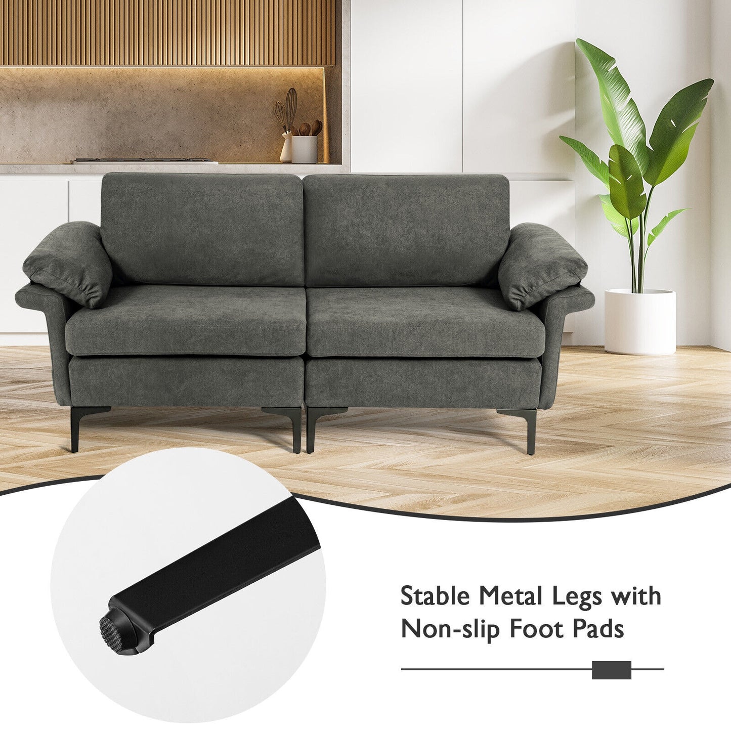 Fabric Loveseat Sofa with Supportive Cushions and Sleek Metal Legs - Grey