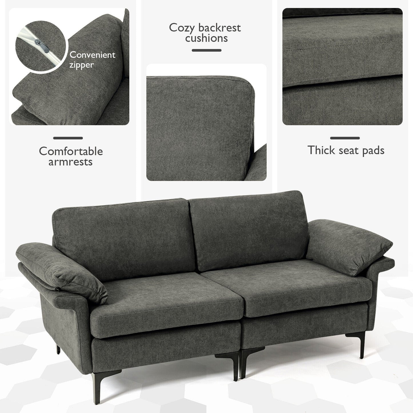Fabric Loveseat Sofa with Supportive Cushions and Sleek Metal Legs - Grey
