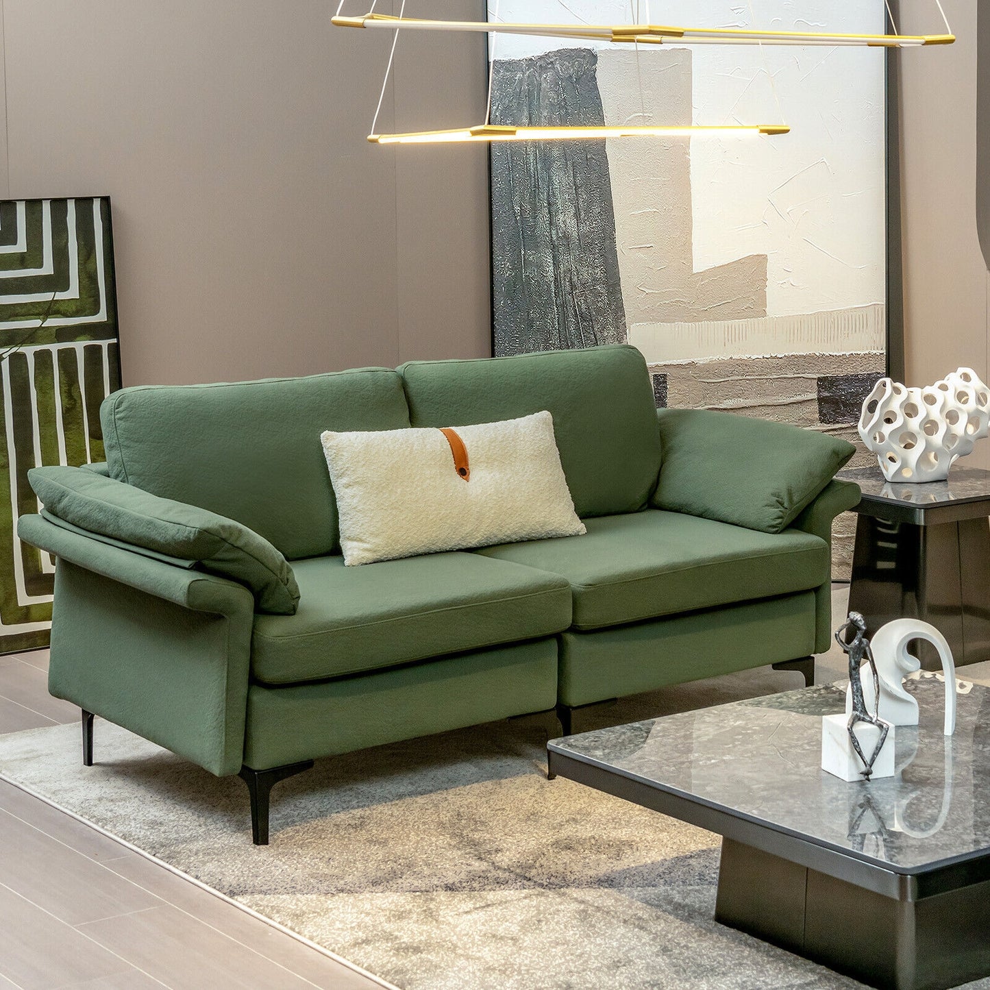 Fabric Loveseat Sofa with Supportive Cushions and Sleek Metal Legs - Army Green
