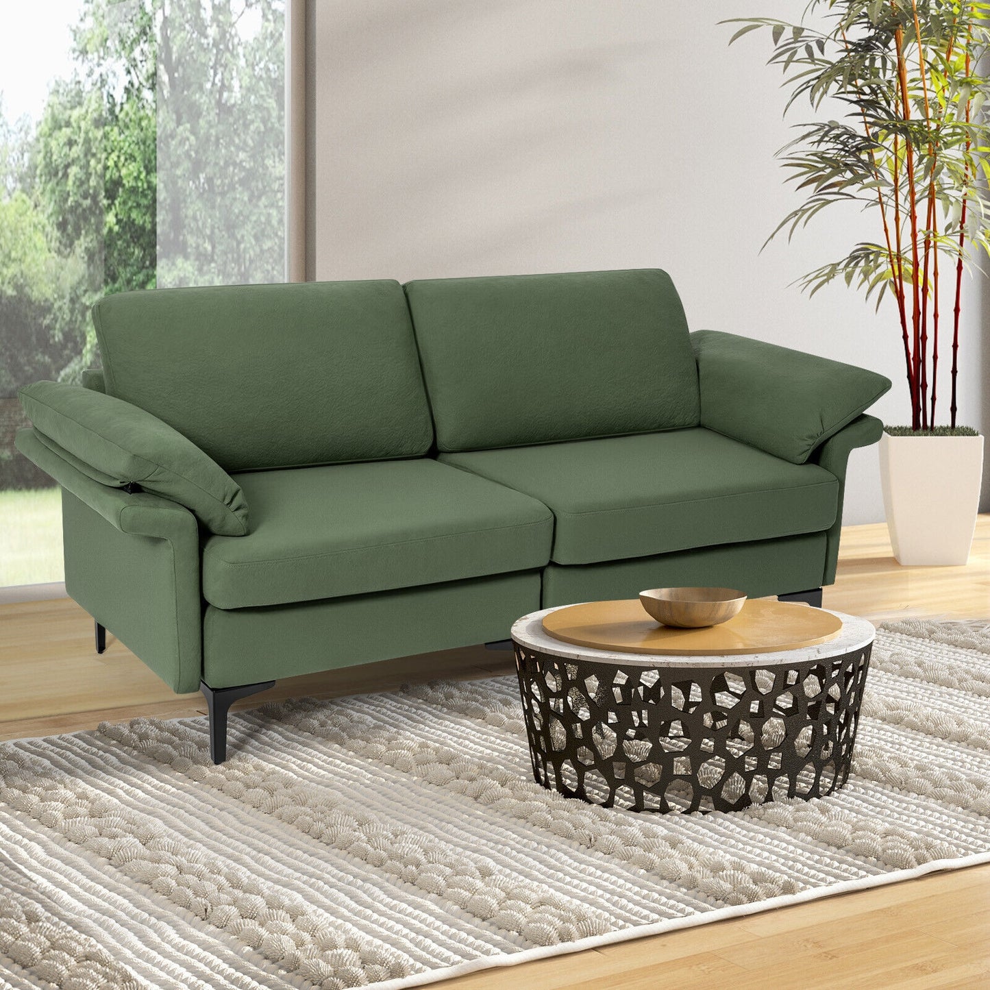 Fabric Loveseat Sofa with Supportive Cushions and Sleek Metal Legs - Army Green
