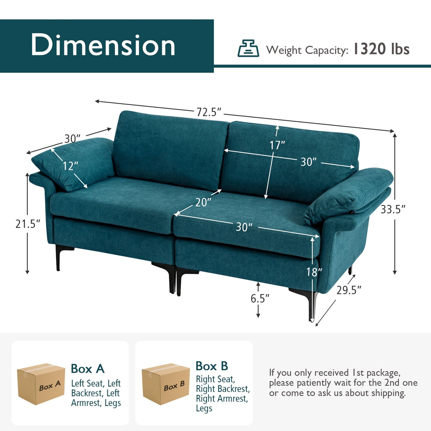 Fabric Loveseat Sofa with Supportive Cushions and Sleek Metal Legs - Peacock Blue