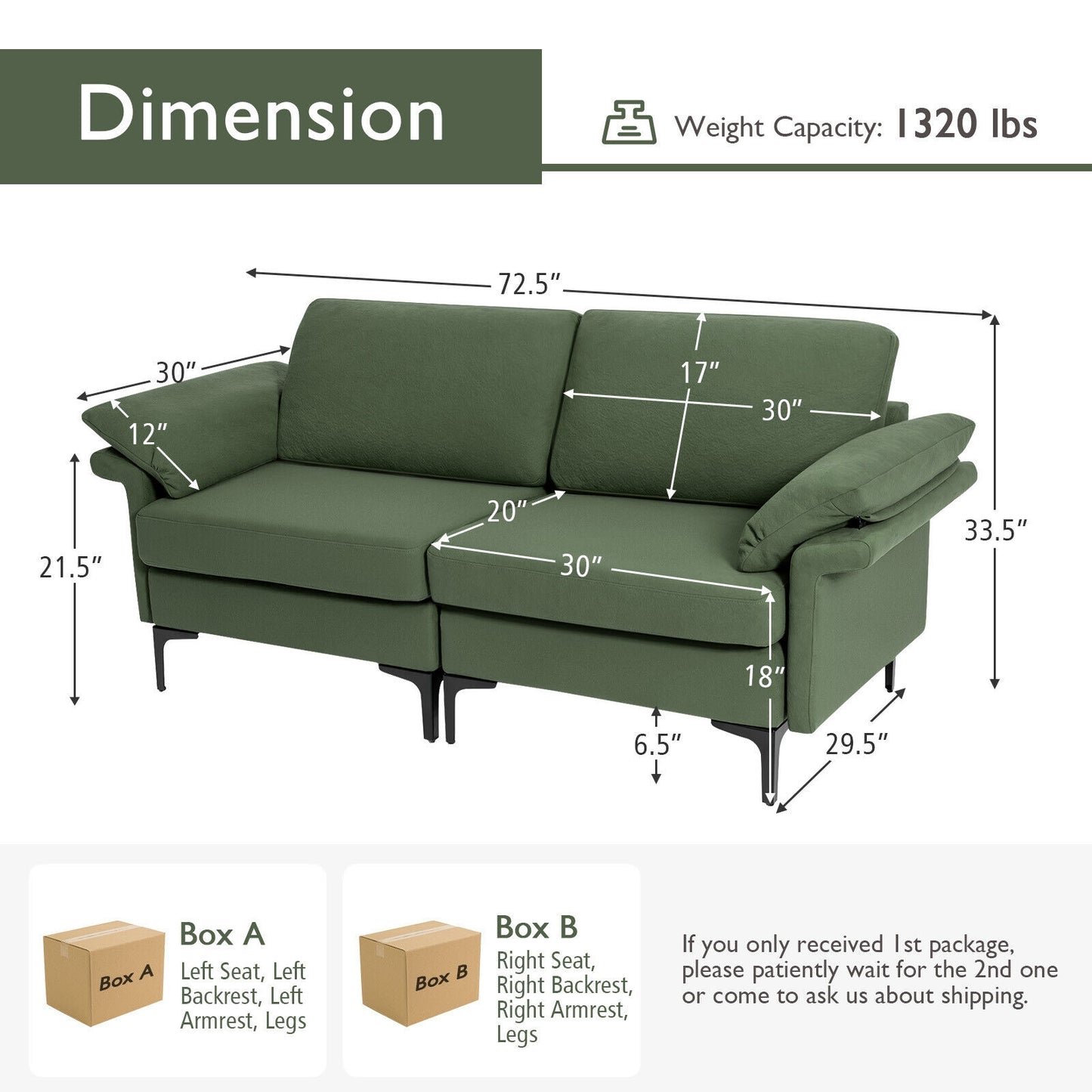 Fabric Loveseat Sofa with Supportive Cushions and Sleek Metal Legs - Army Green