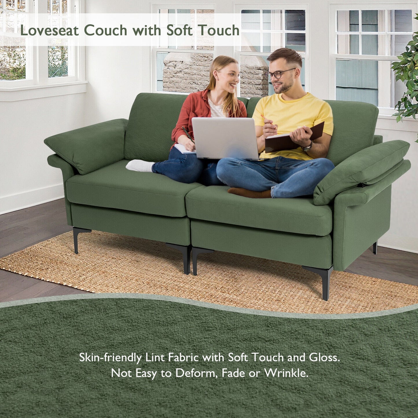 Fabric Loveseat Sofa with Supportive Cushions and Sleek Metal Legs - Army Green