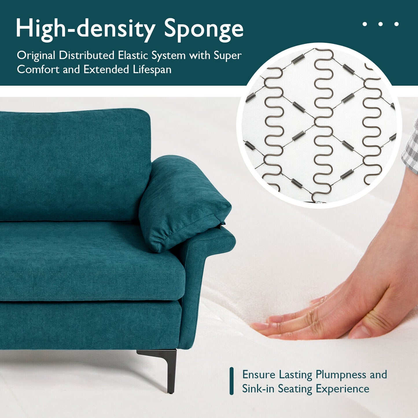 Fabric Loveseat Sofa with Supportive Cushions and Sleek Metal Legs - Peacock Blue