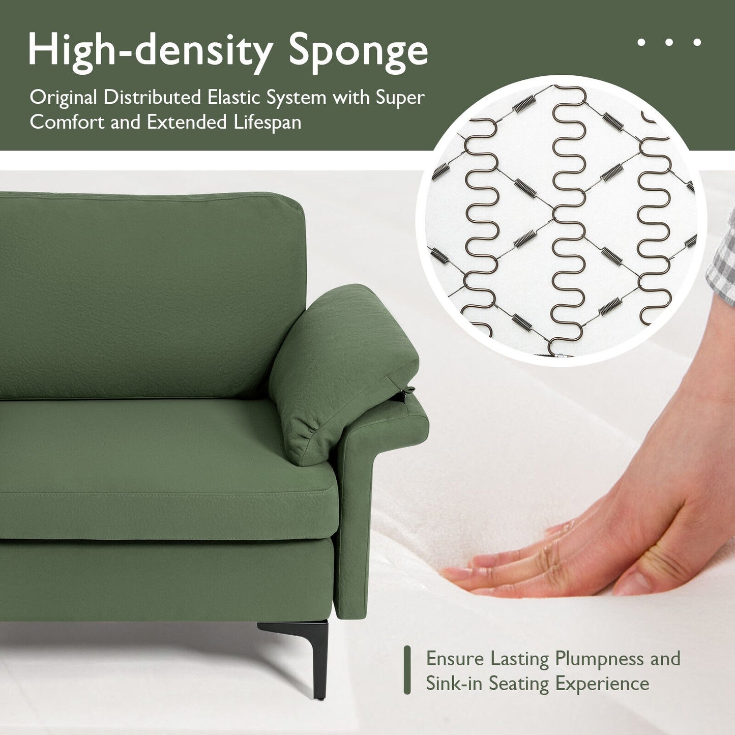 Fabric Loveseat Sofa with Supportive Cushions and Sleek Metal Legs - Army Green