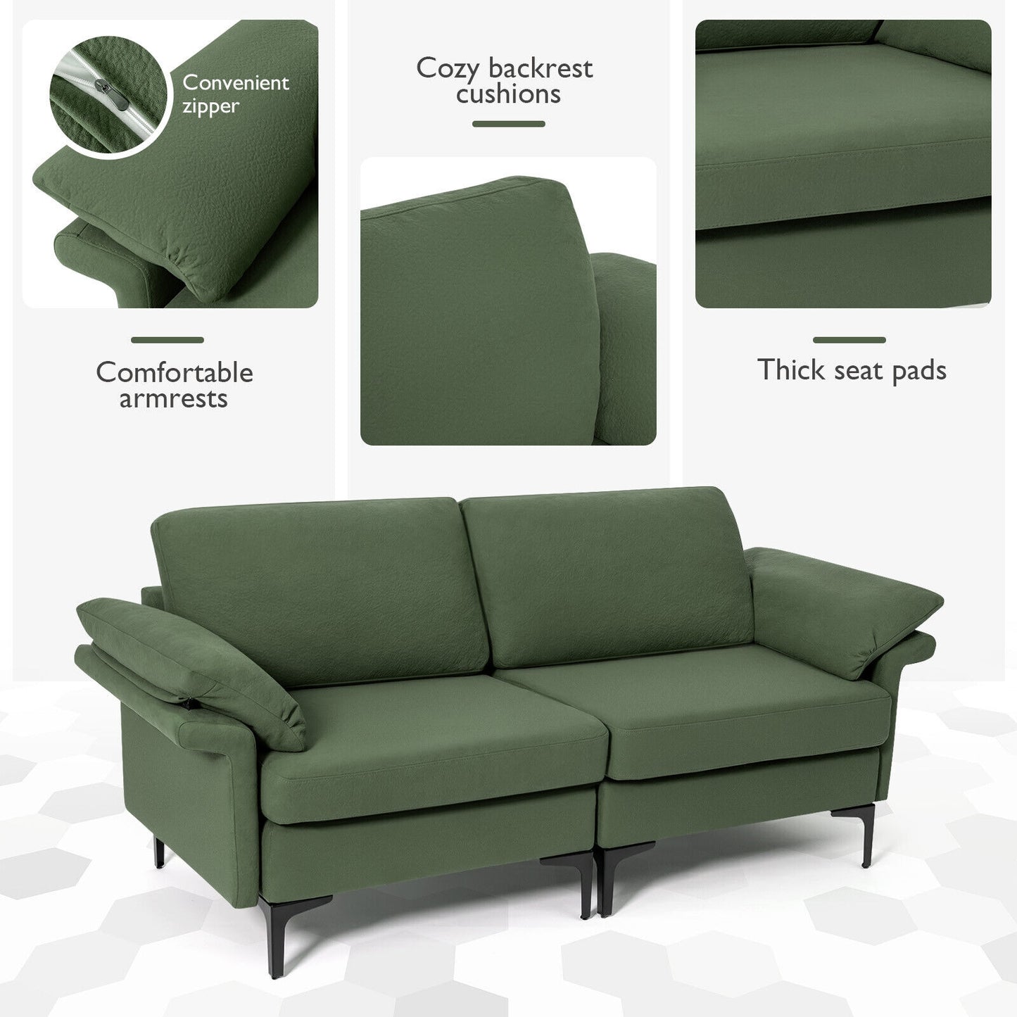 Fabric Loveseat Sofa with Supportive Cushions and Sleek Metal Legs - Army Green