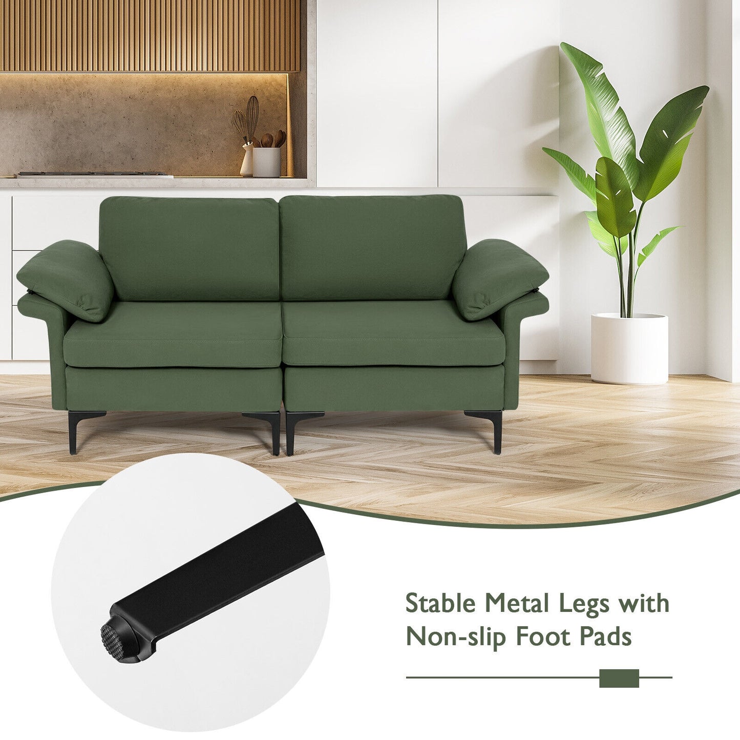 Fabric Loveseat Sofa with Supportive Cushions and Sleek Metal Legs - Army Green