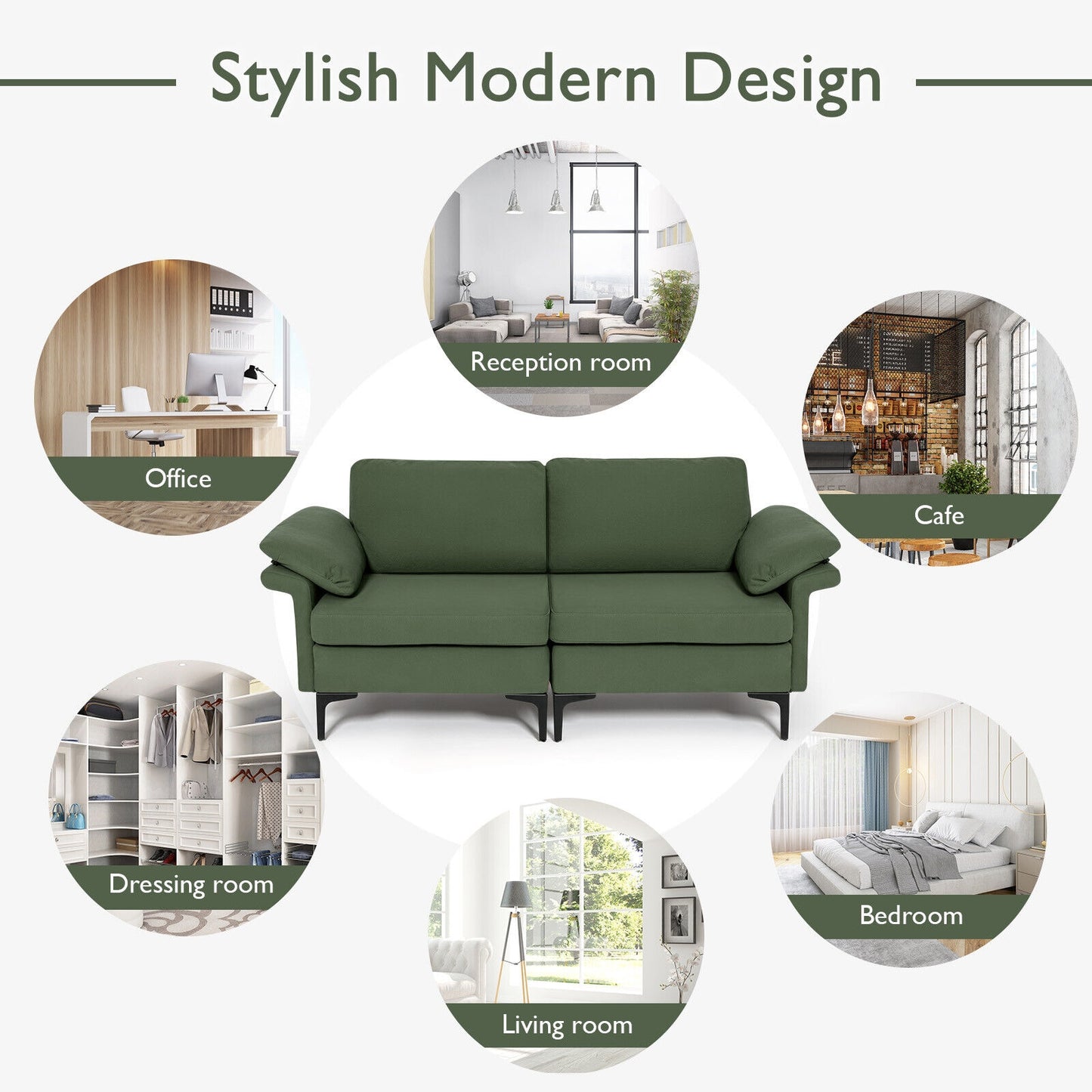 Fabric Loveseat Sofa with Supportive Cushions and Sleek Metal Legs - Army Green