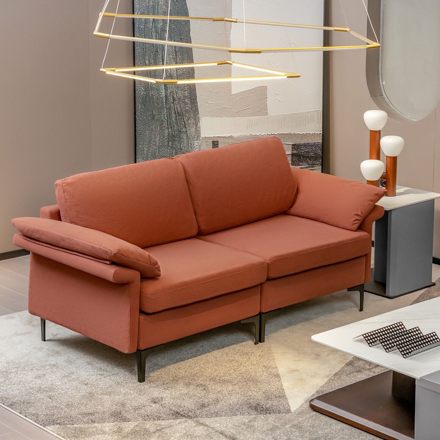 Fabric Loveseat Sofa with Supportive Cushions and Sleek Metal Legs - Rust Red