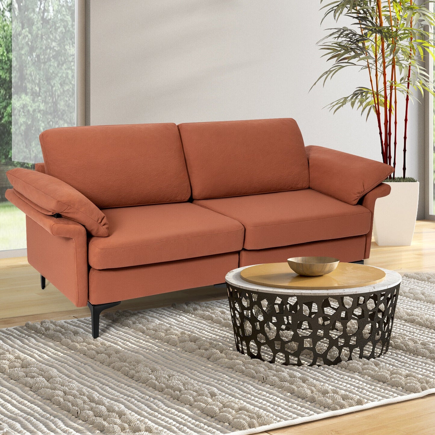 Fabric Loveseat Sofa with Supportive Cushions and Sleek Metal Legs - Rust Red