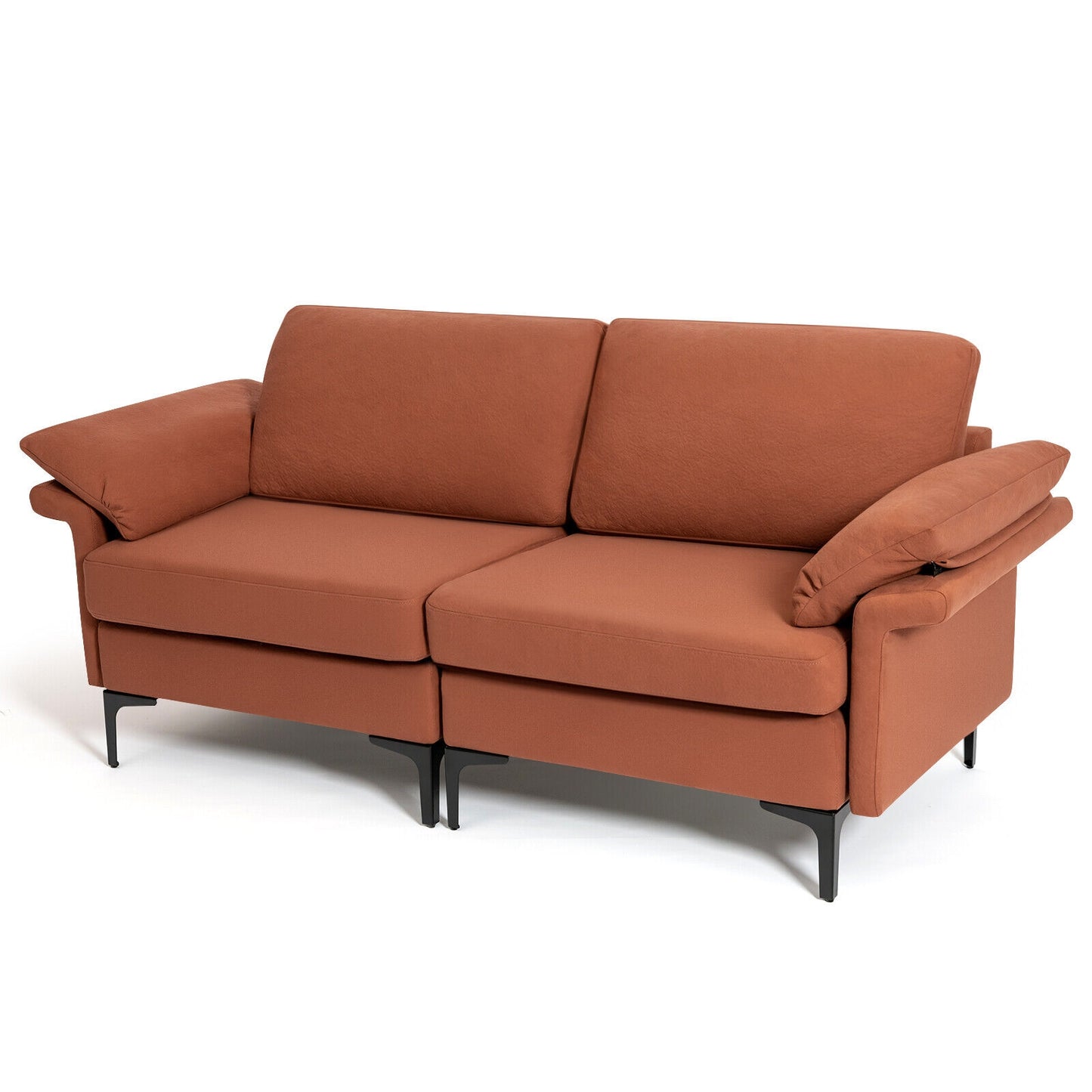 Fabric Loveseat Sofa with Supportive Cushions and Sleek Metal Legs - Rust Red