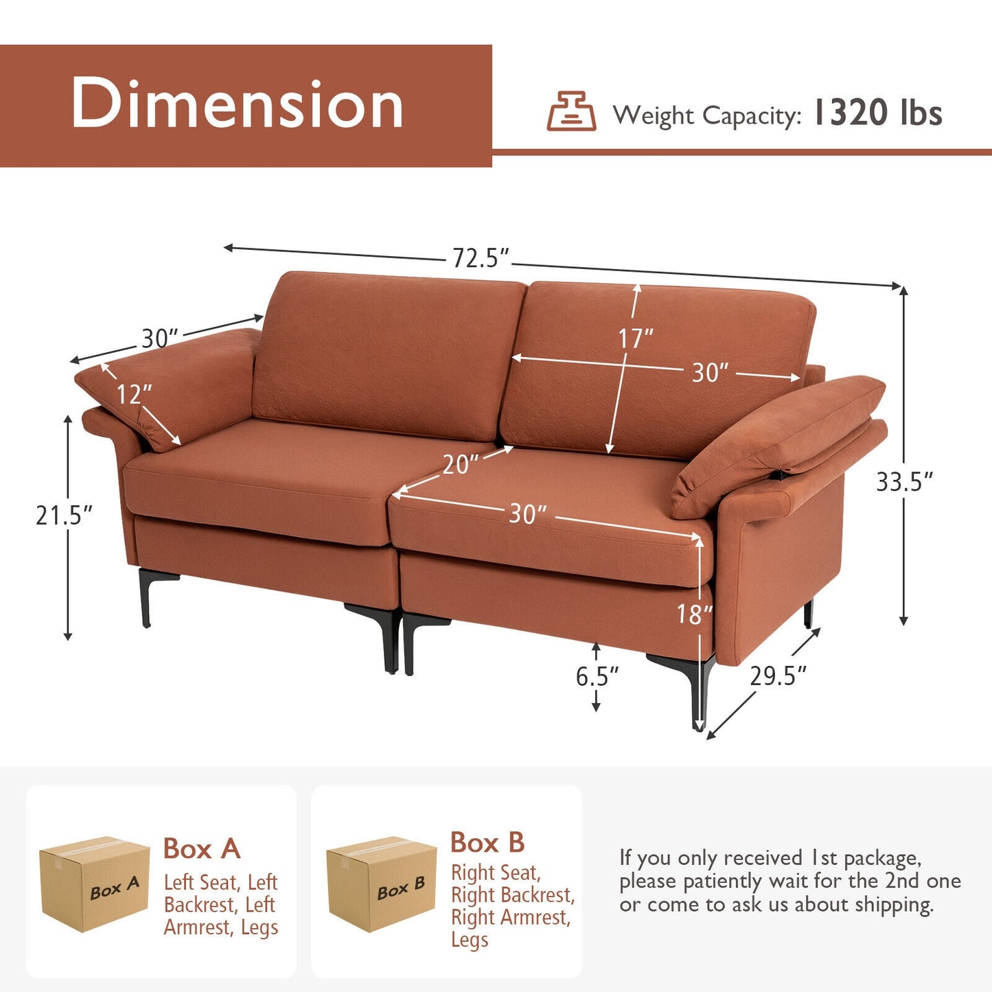 Fabric Loveseat Sofa with Supportive Cushions and Sleek Metal Legs - Rust Red