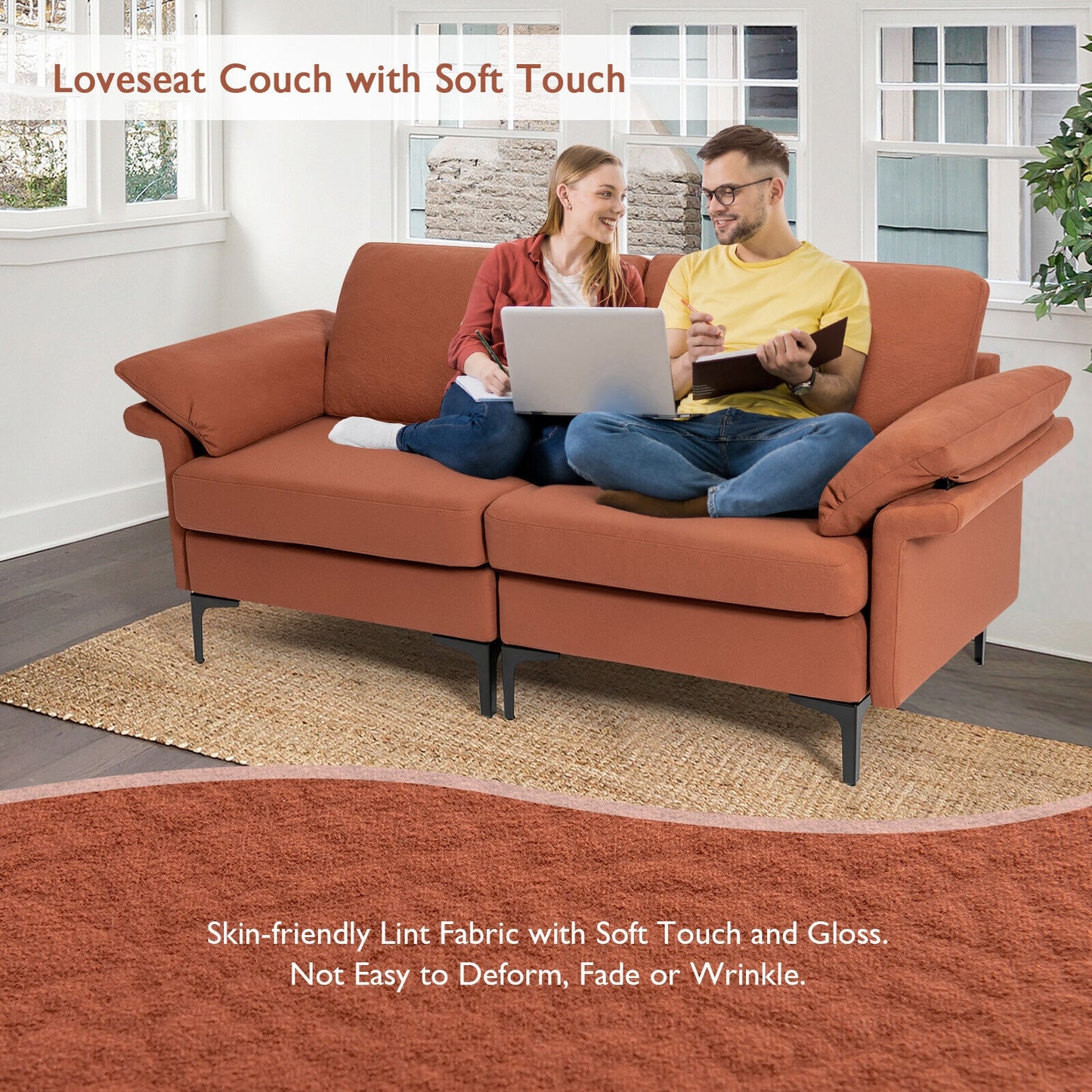 Fabric Loveseat Sofa with Supportive Cushions and Sleek Metal Legs - Rust Red