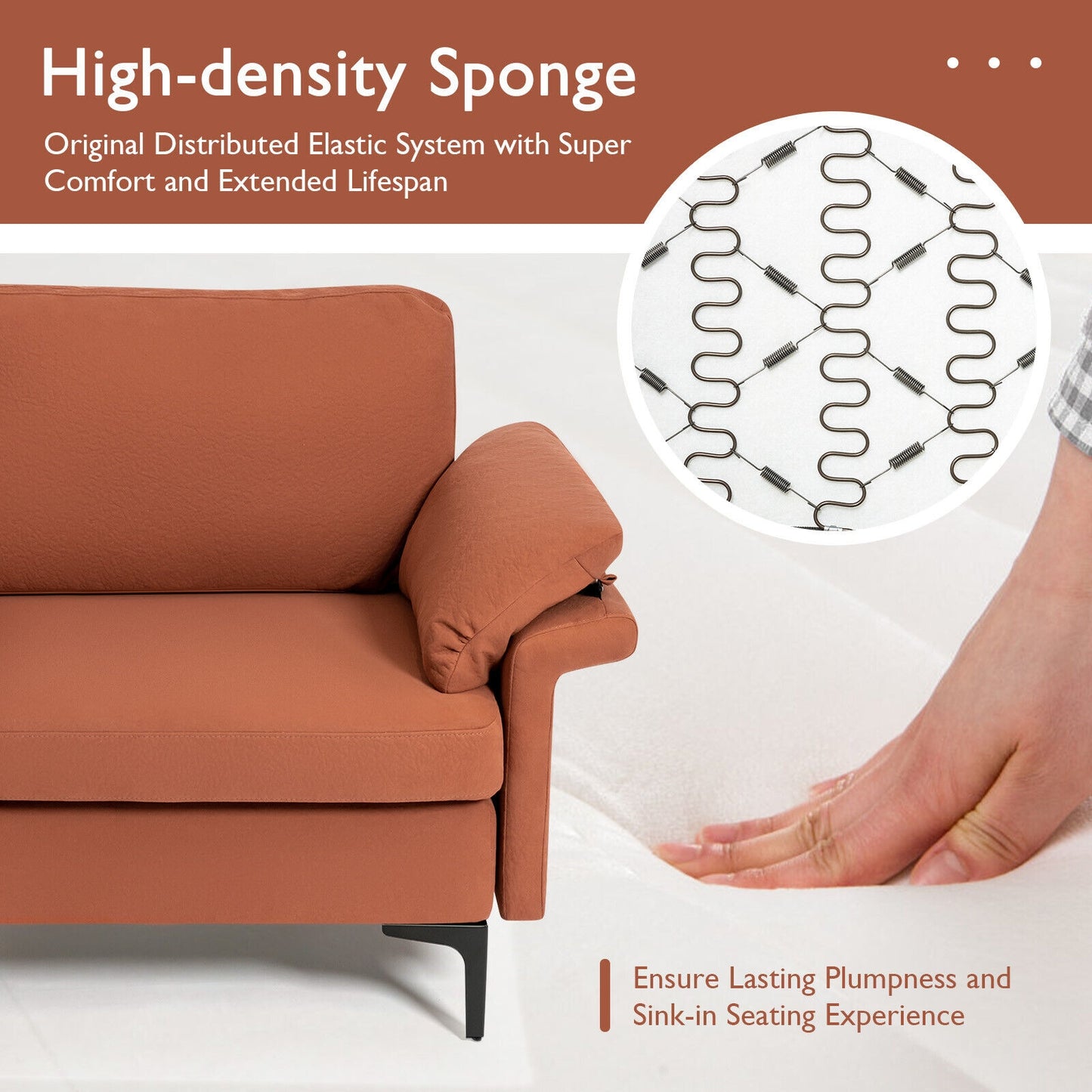 Fabric Loveseat Sofa with Supportive Cushions and Sleek Metal Legs - Rust Red