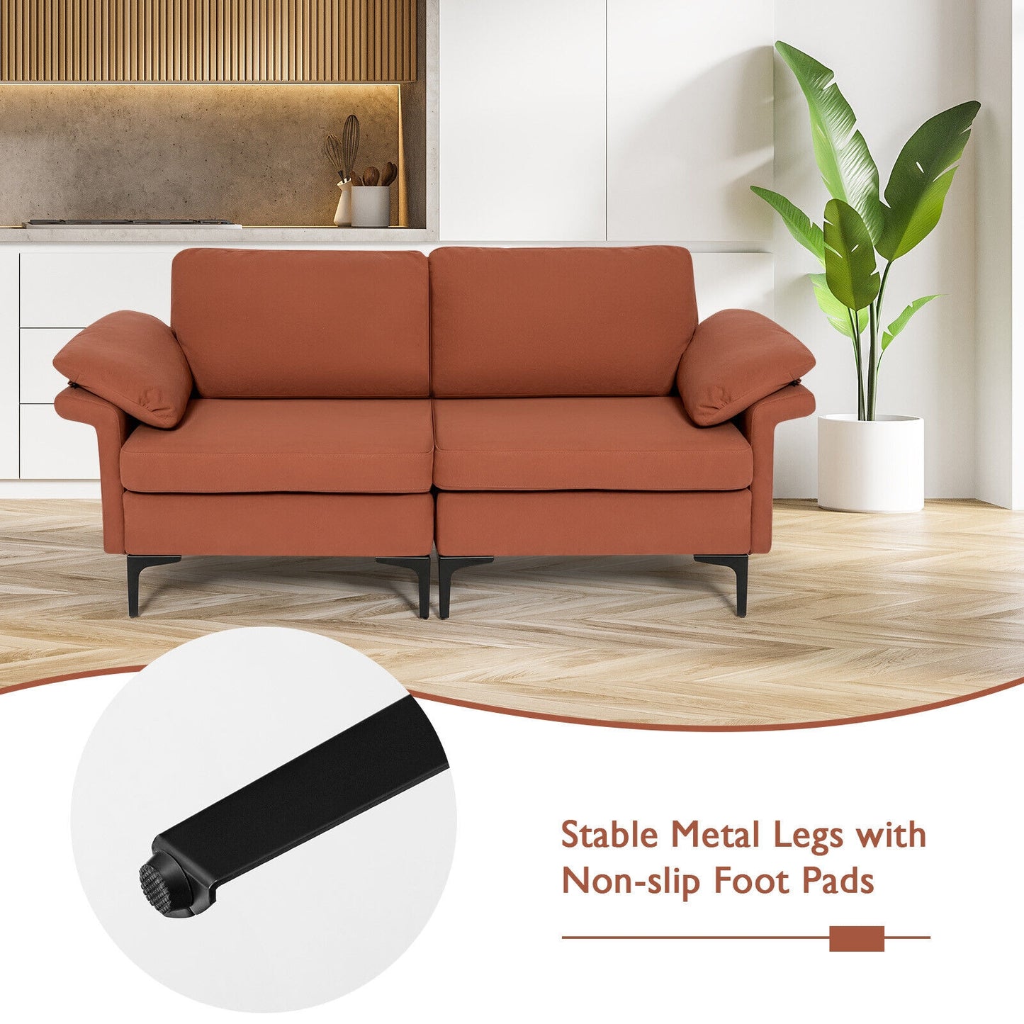 Fabric Loveseat Sofa with Supportive Cushions and Sleek Metal Legs - Rust Red