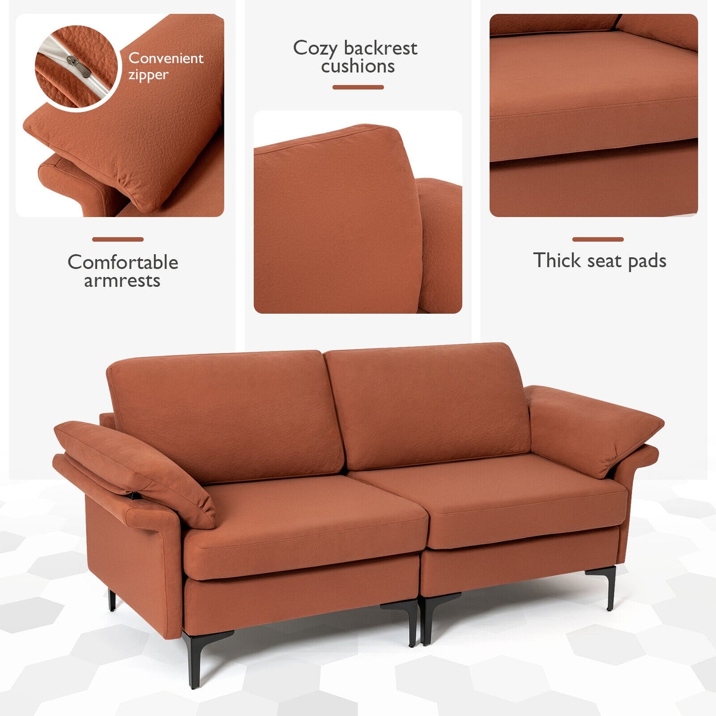Fabric Loveseat Sofa with Supportive Cushions and Sleek Metal Legs - Rust Red