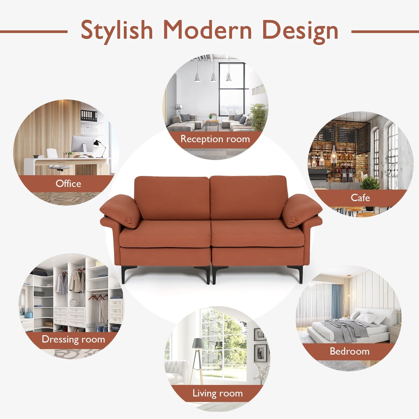 Fabric Loveseat Sofa with Supportive Cushions and Sleek Metal Legs - Rust Red