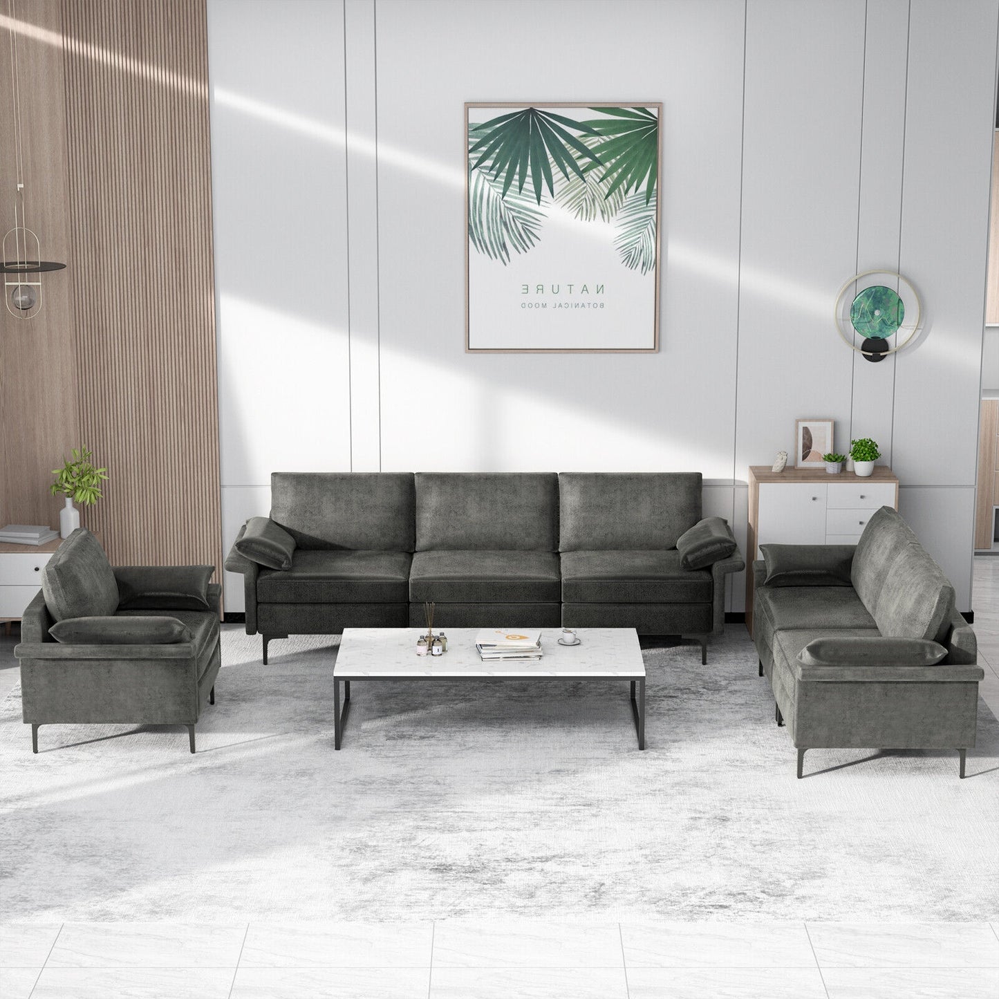 Large 3-Seat Modern Sofa with Metal Legs and Comfortable Back Cushions - Grey