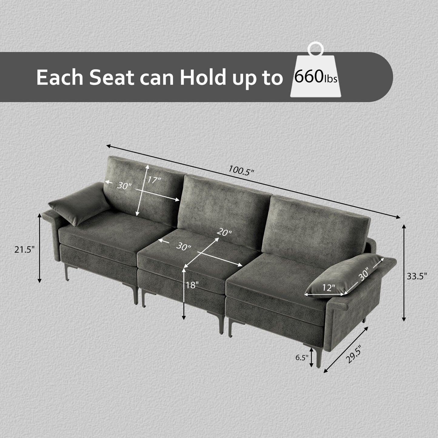 Large 3-Seat Modern Sofa with Metal Legs and Comfortable Back Cushions - Grey