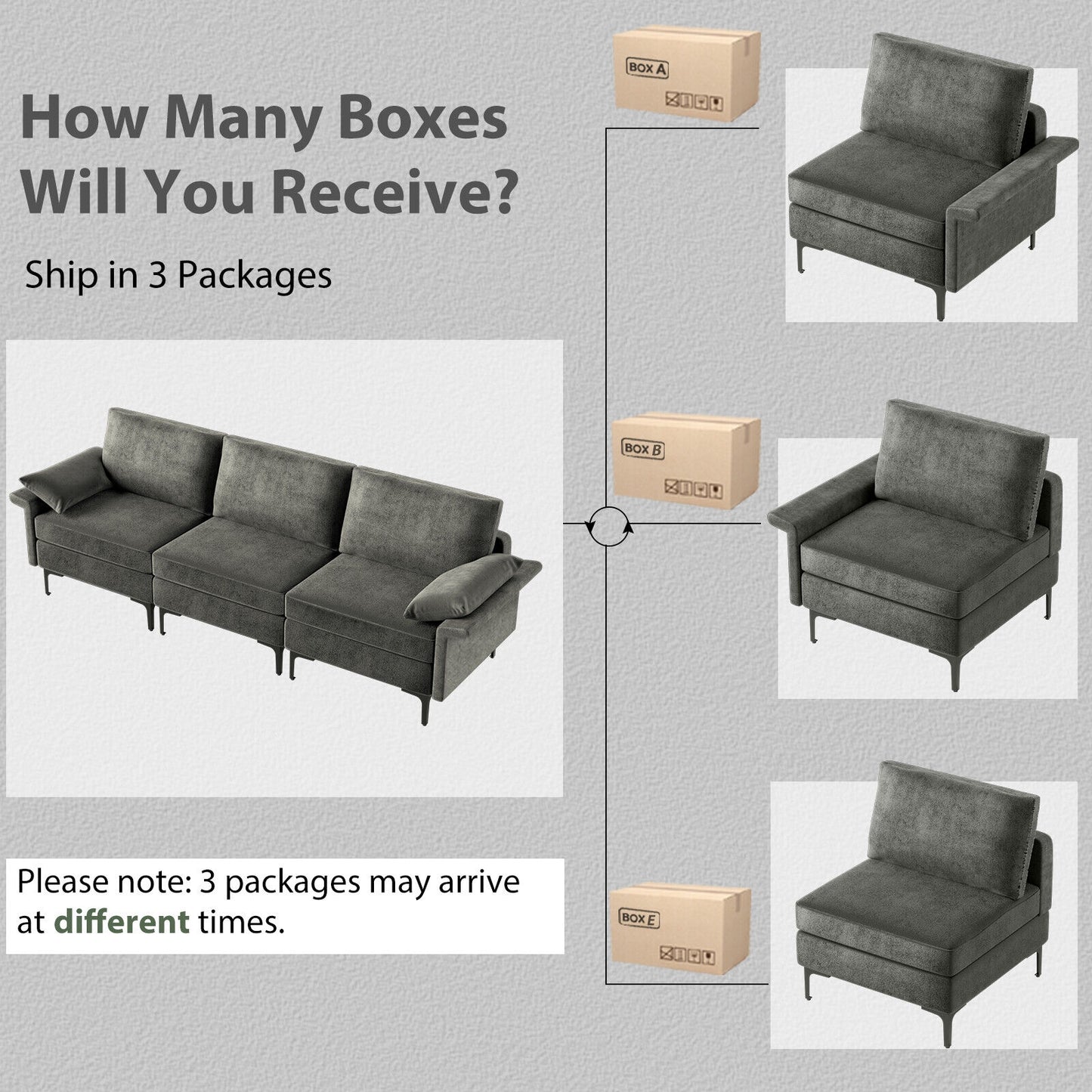 Large 3-Seat Modern Sofa with Metal Legs and Comfortable Back Cushions - Grey