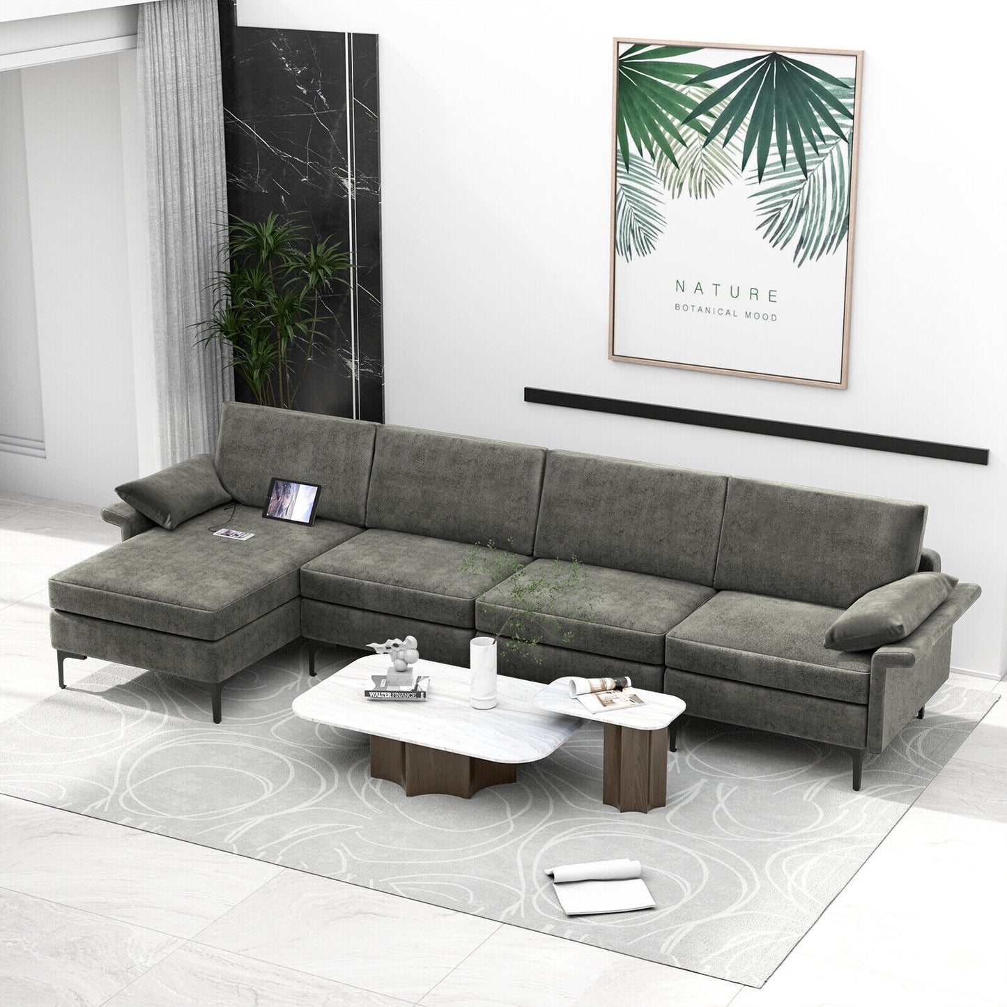 Extra Large L Shaped Sectional Sofa with Reversible Chaise and Built In USB Ports in Grey
